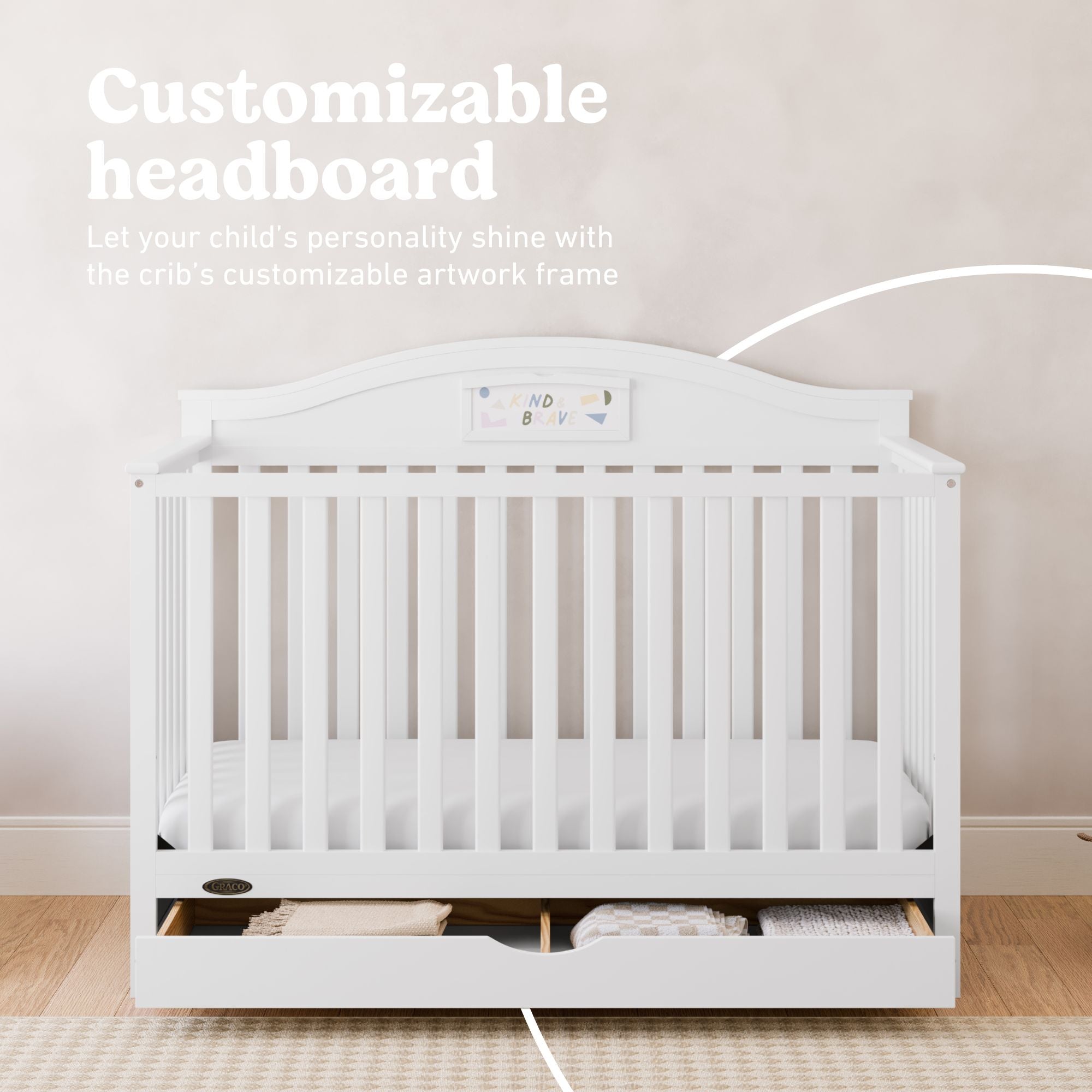 Story white crib with drawer customizable headboard callout
