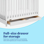 Story white crib with drawer storage callout