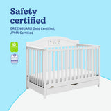 Story white crib with drawer certifications callout