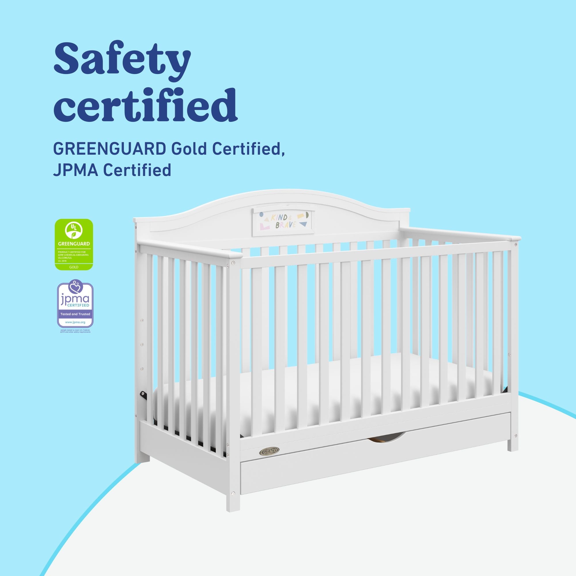 Story white crib with drawer certifications callout