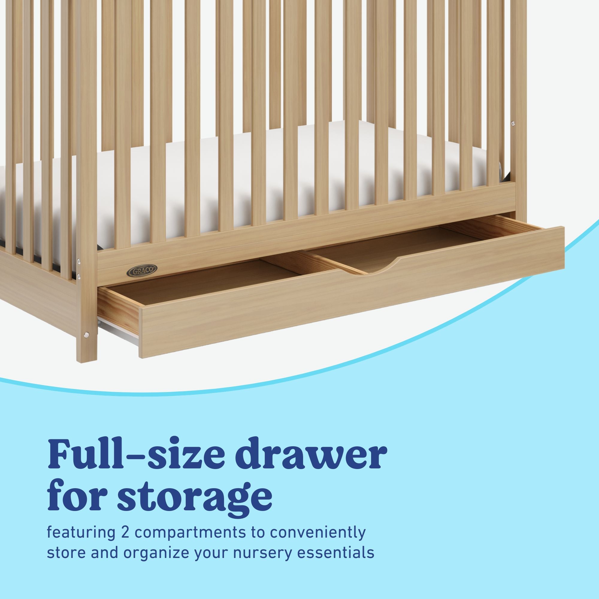 Story driftwood crib with drawer storage callout