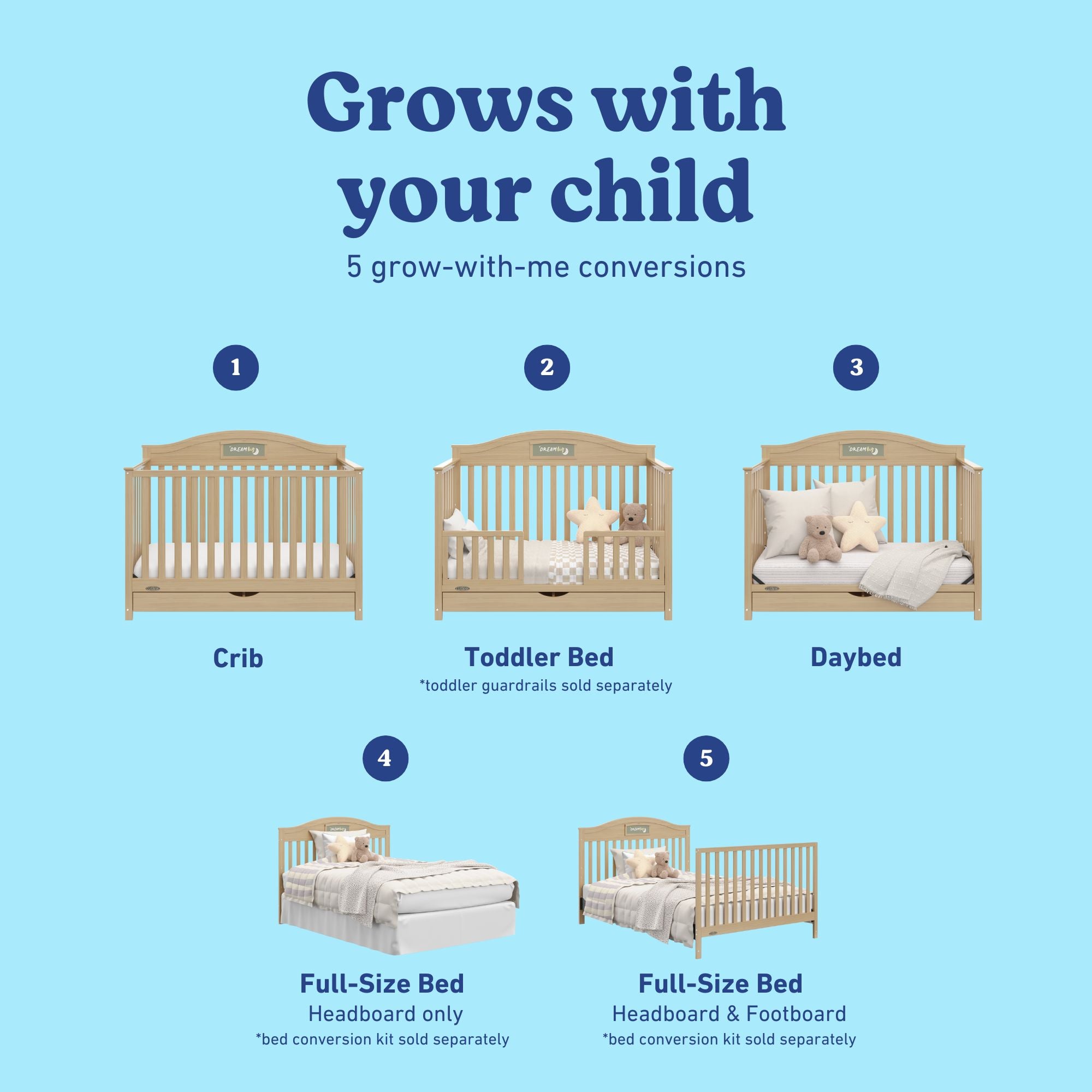 Story driftwood crib with drawer conversions callout