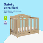 Story driftwood crib with drawer certifications callout