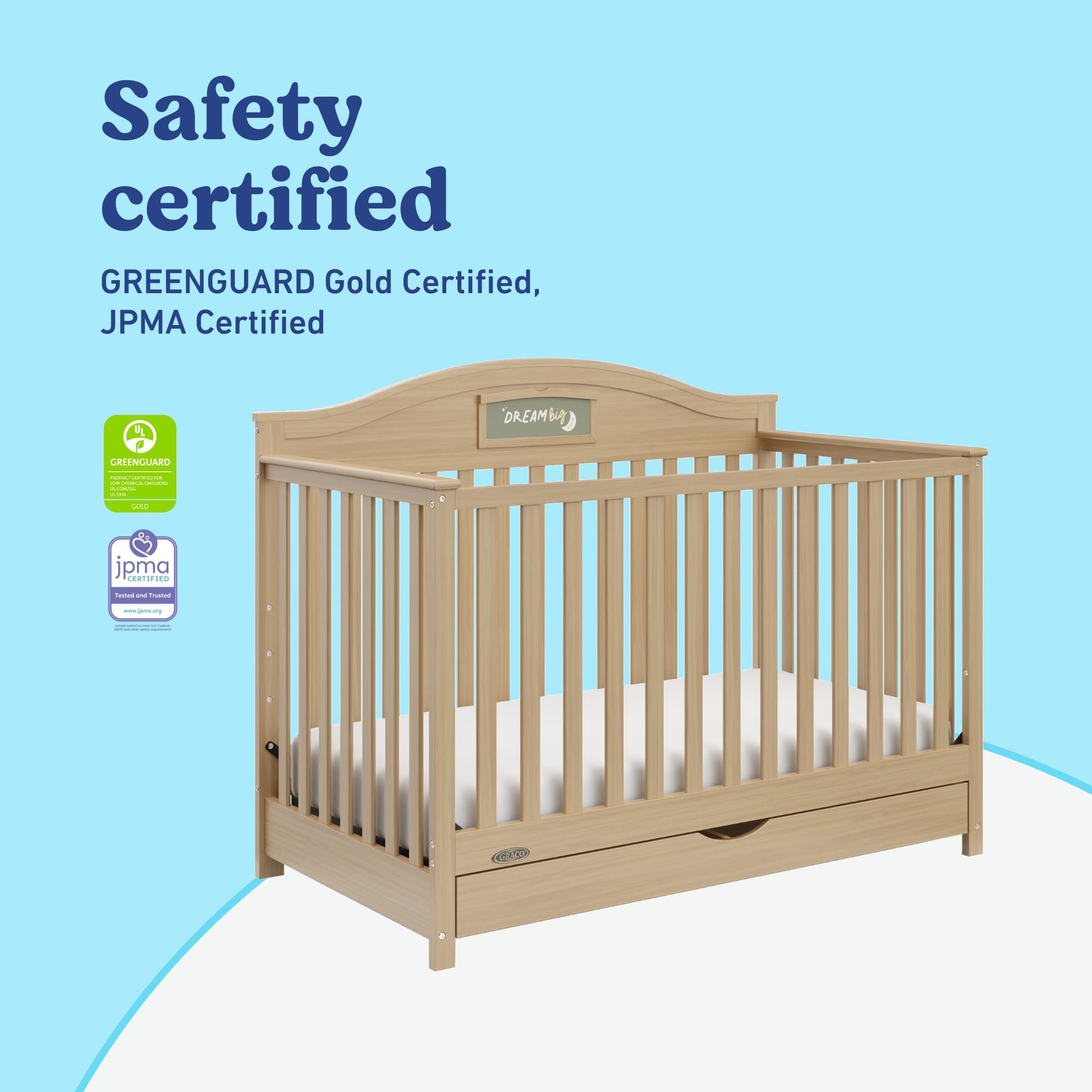 Story driftwood crib with drawer certifications callout