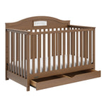 story hazelnut crib with drawer open angle view