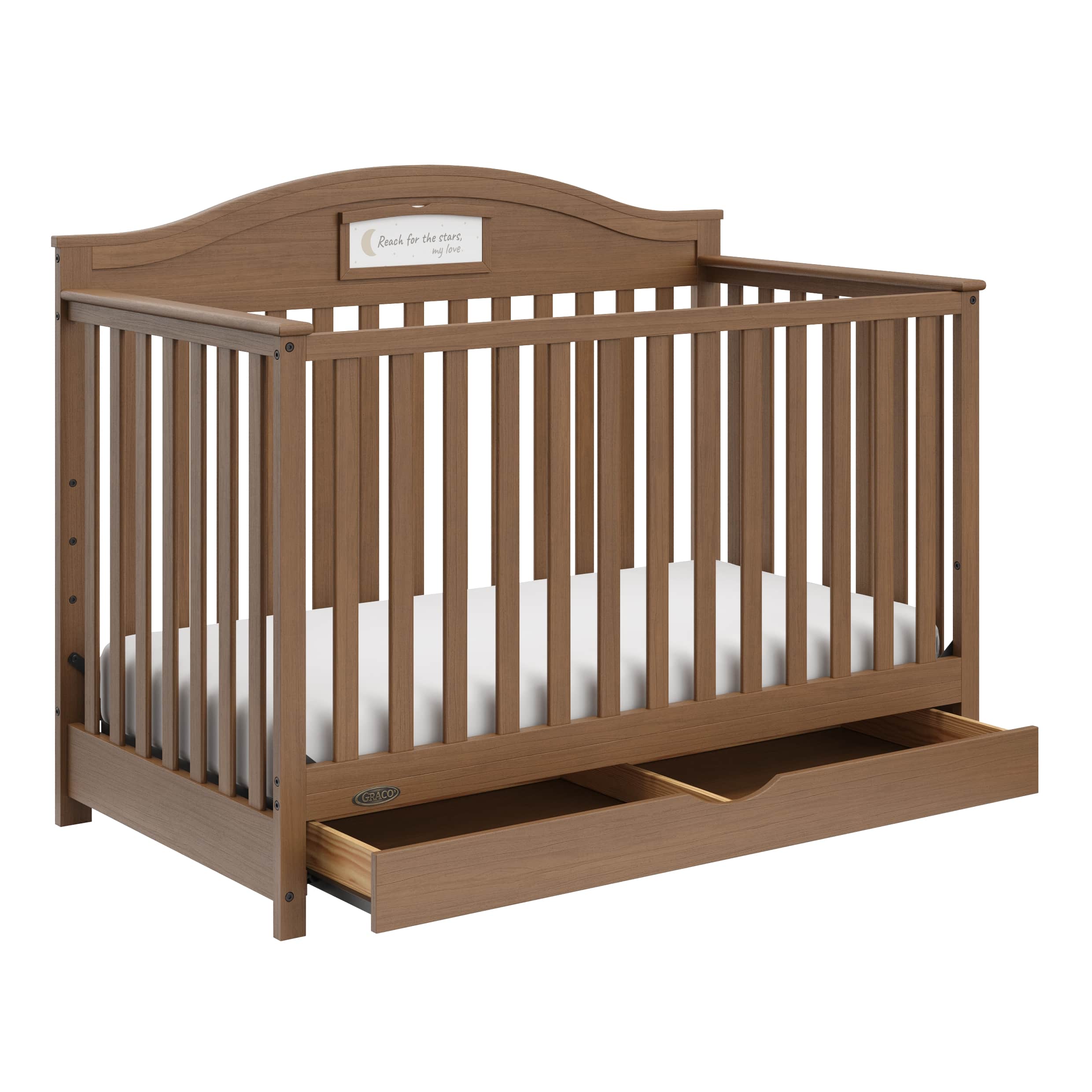 story hazelnut crib with drawer open angle view