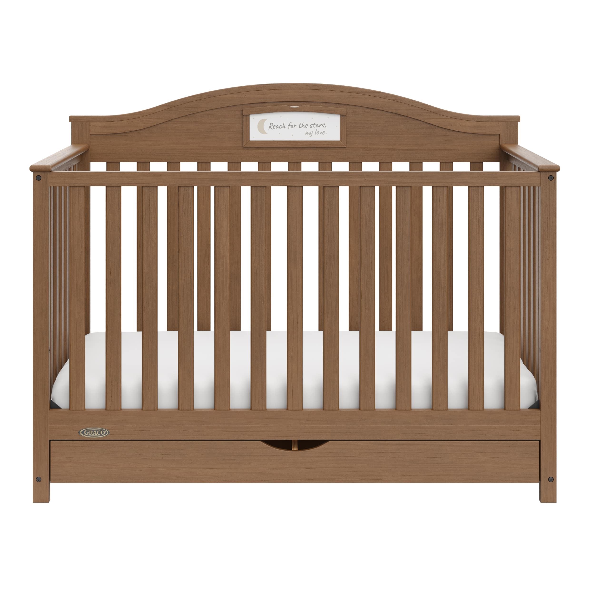 story hazelnut crib with drawer front view