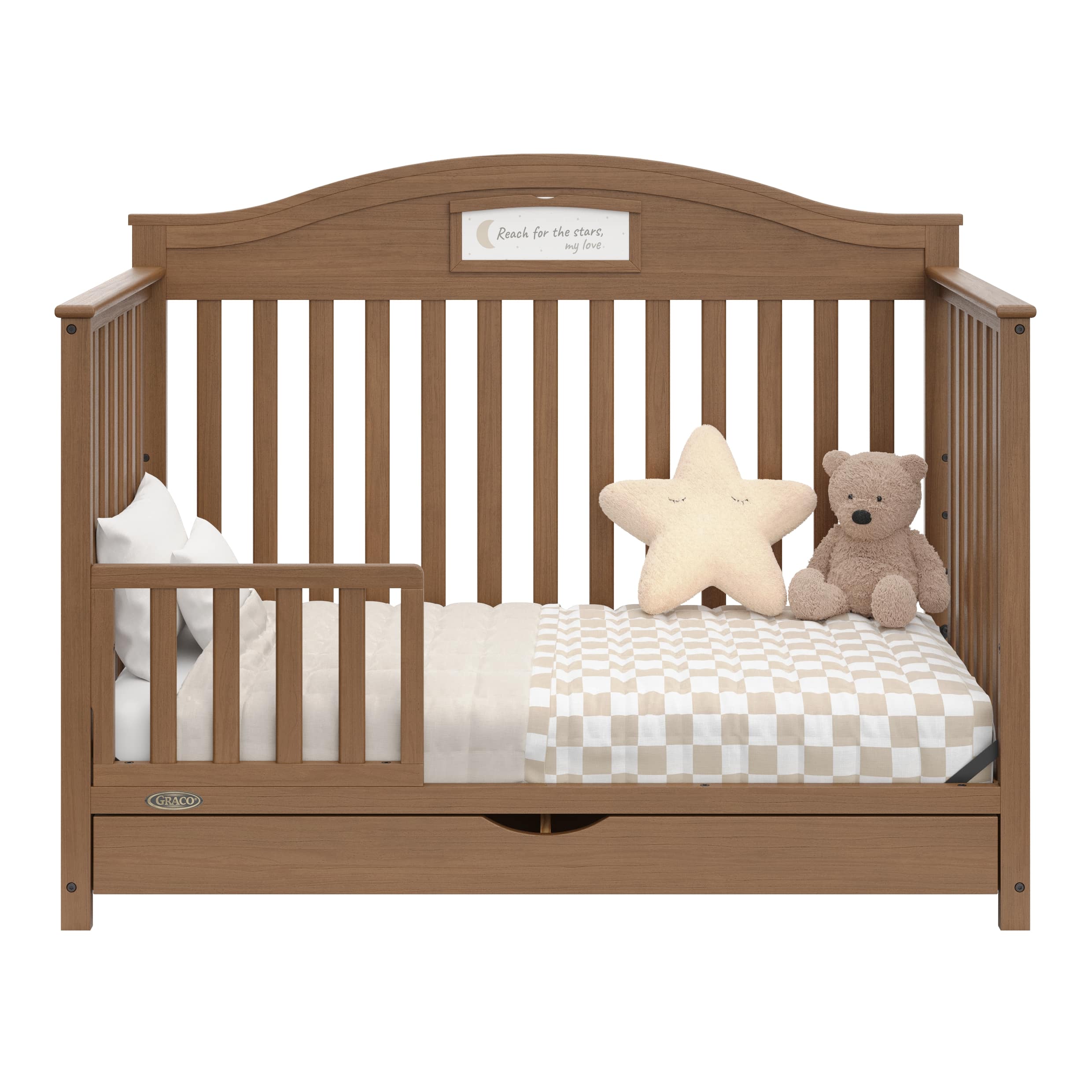 story hazelnut crib with drawer toddler bed conversion with one guardrail