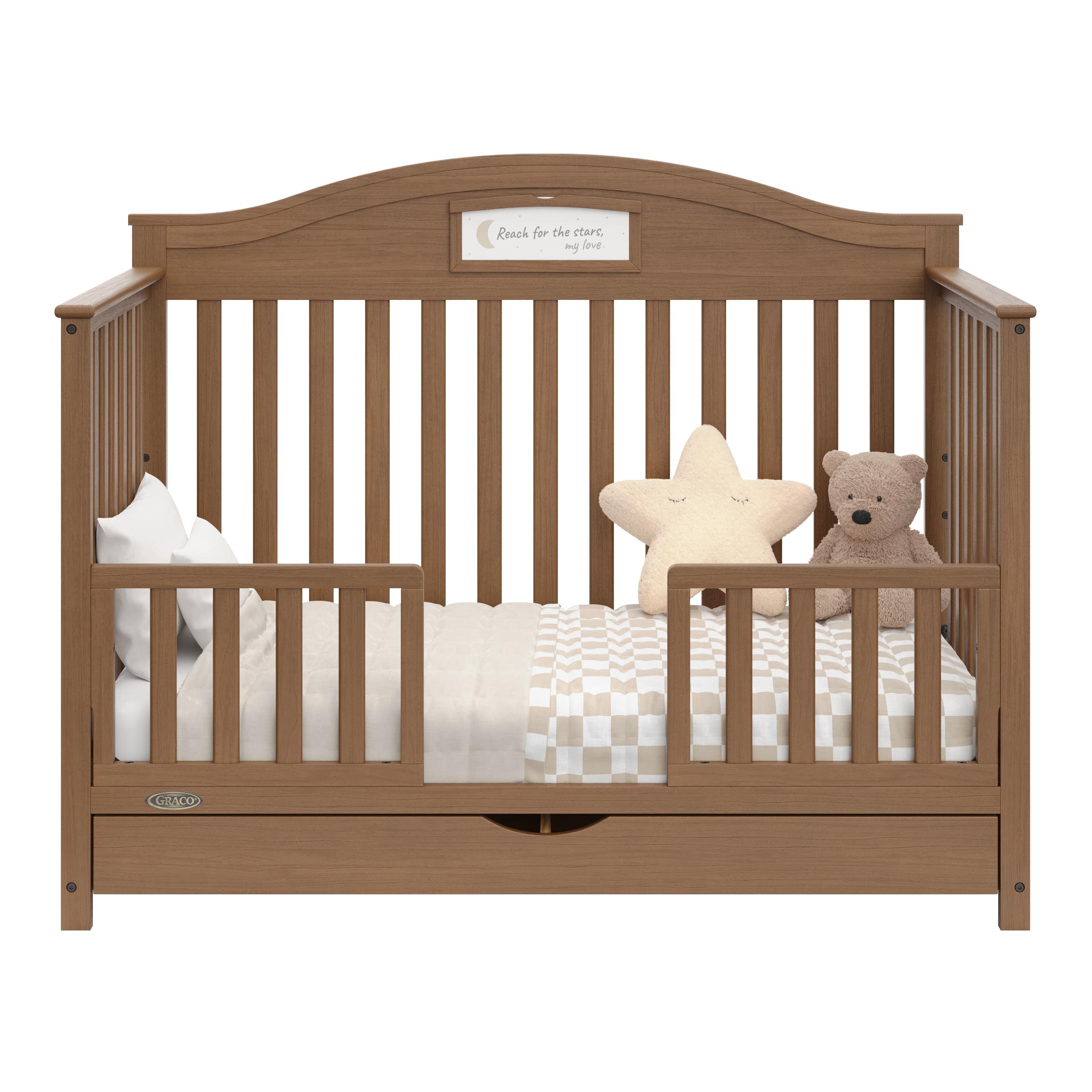 story hazelnut crib with drawer toddler bed conversion with two guardrails
