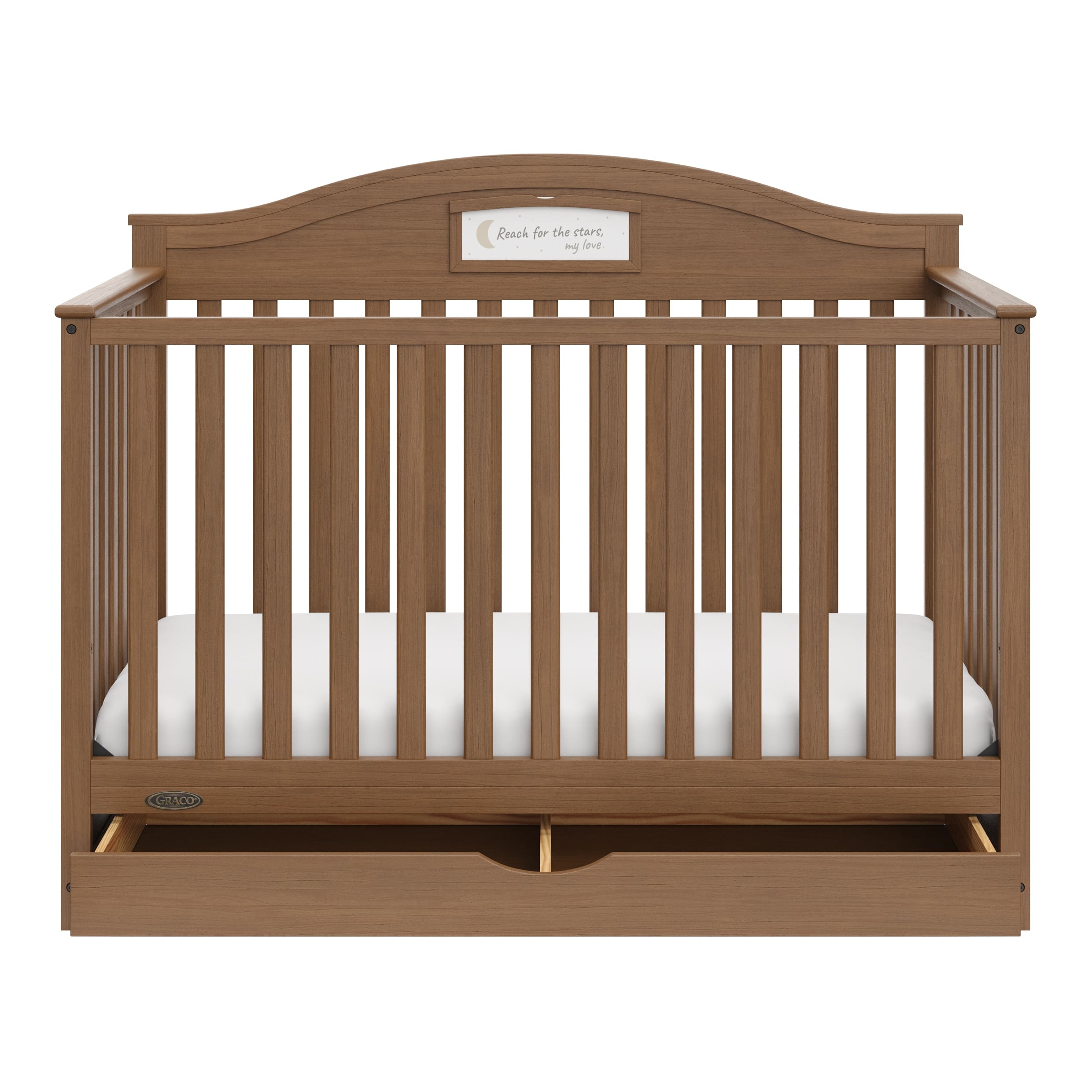 story hazelnut crib with drawer open front view
