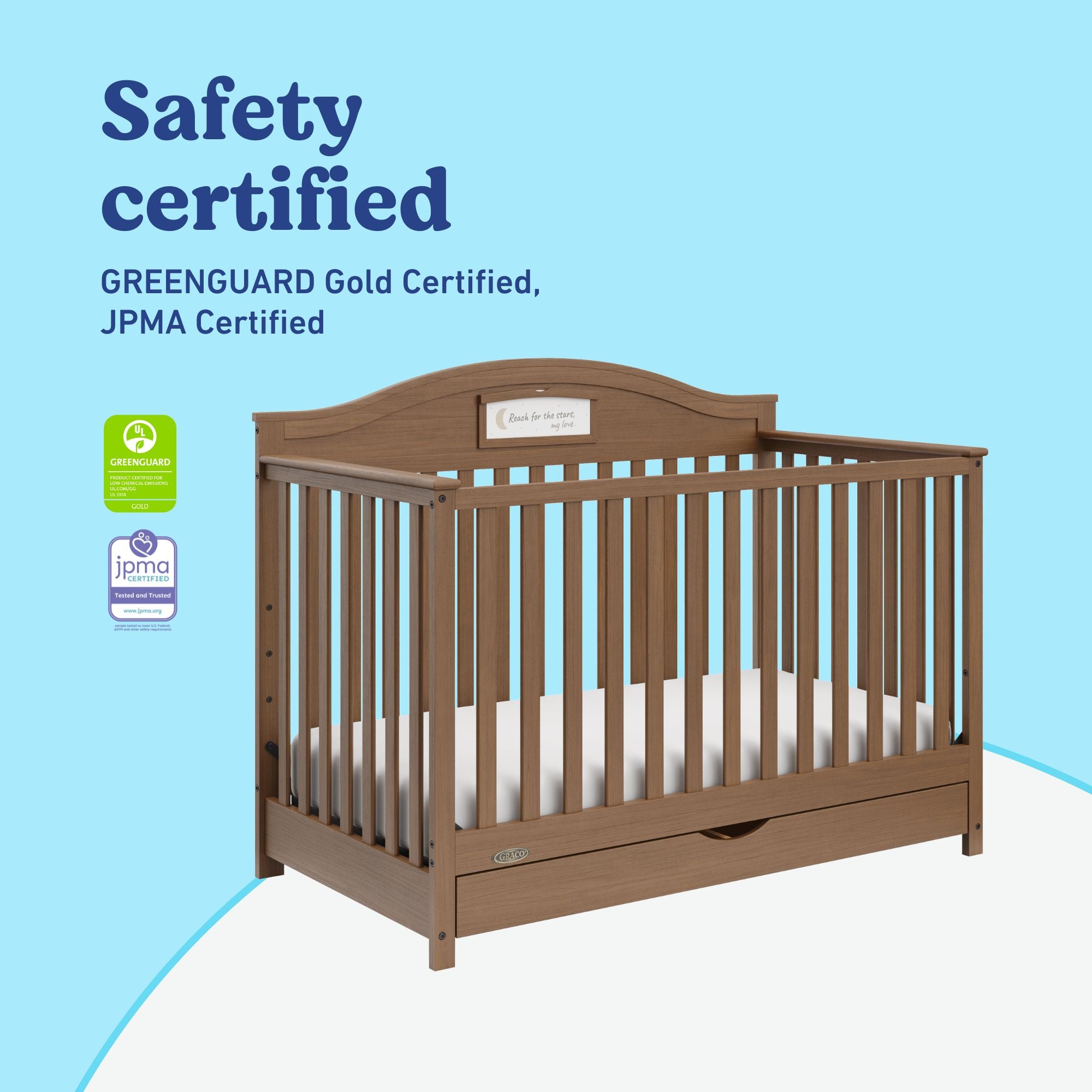 Story hazelnut crib with drawer certifications callout