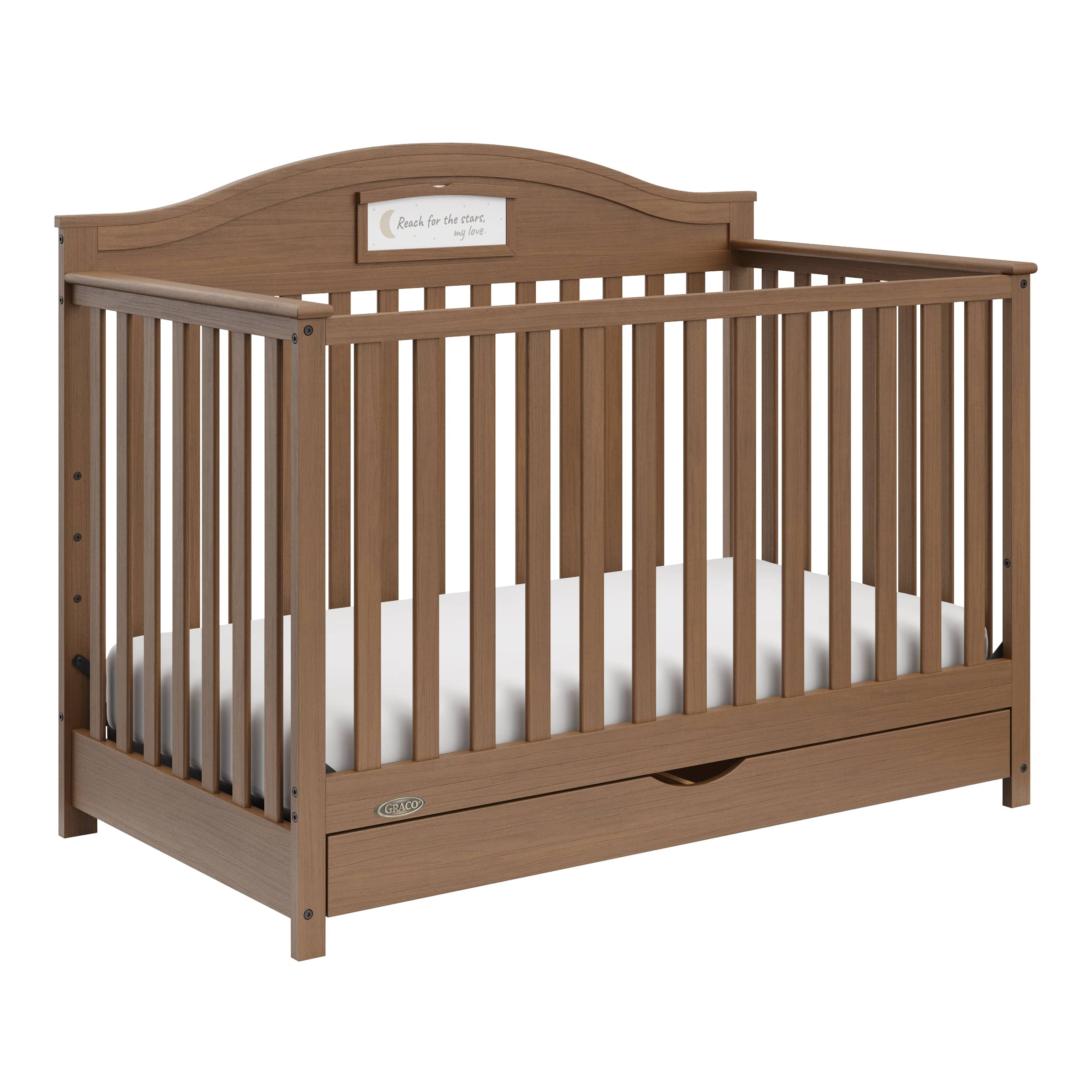 story hazelnut crib with drawer angle view
