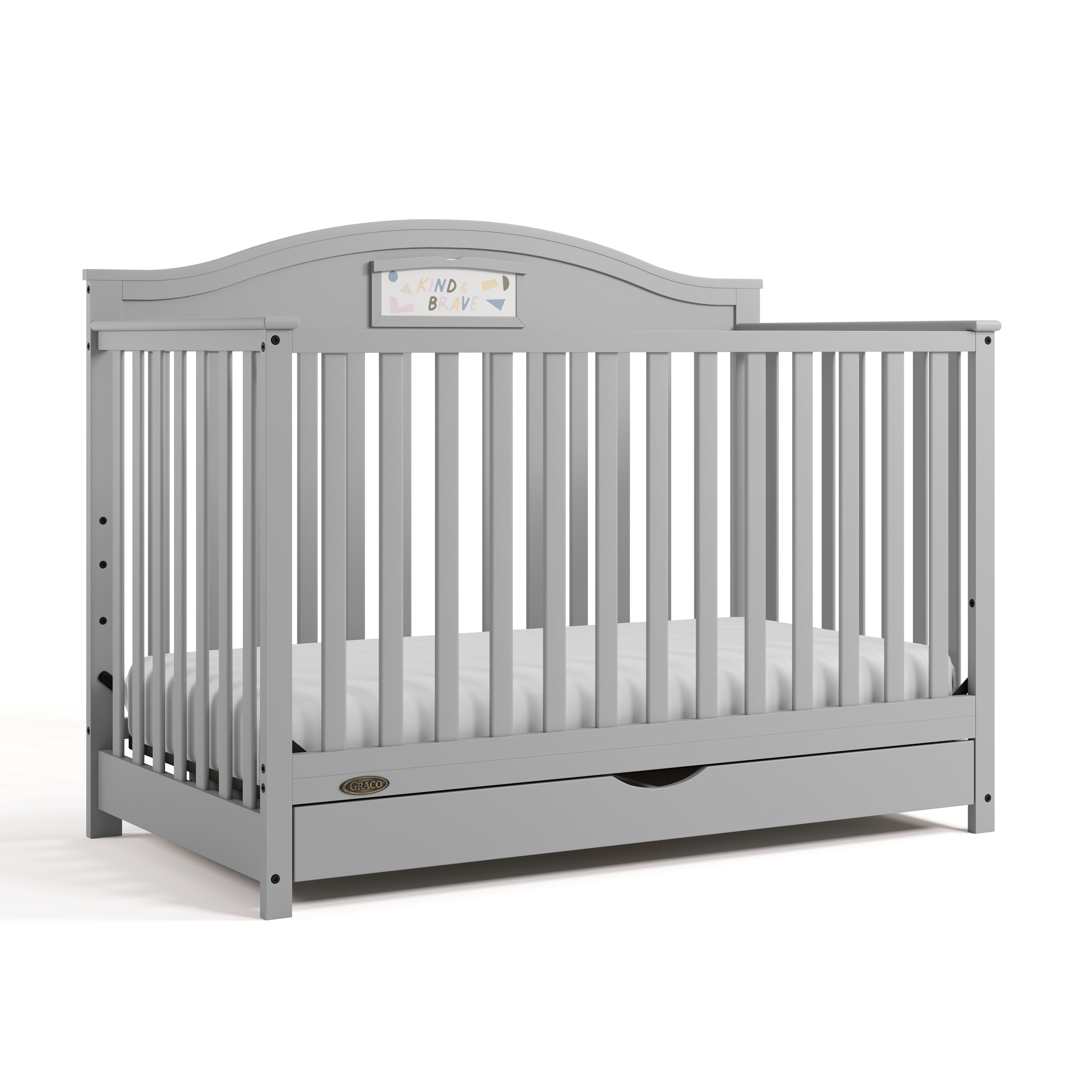 Story pebble gray crib with drawer angle view