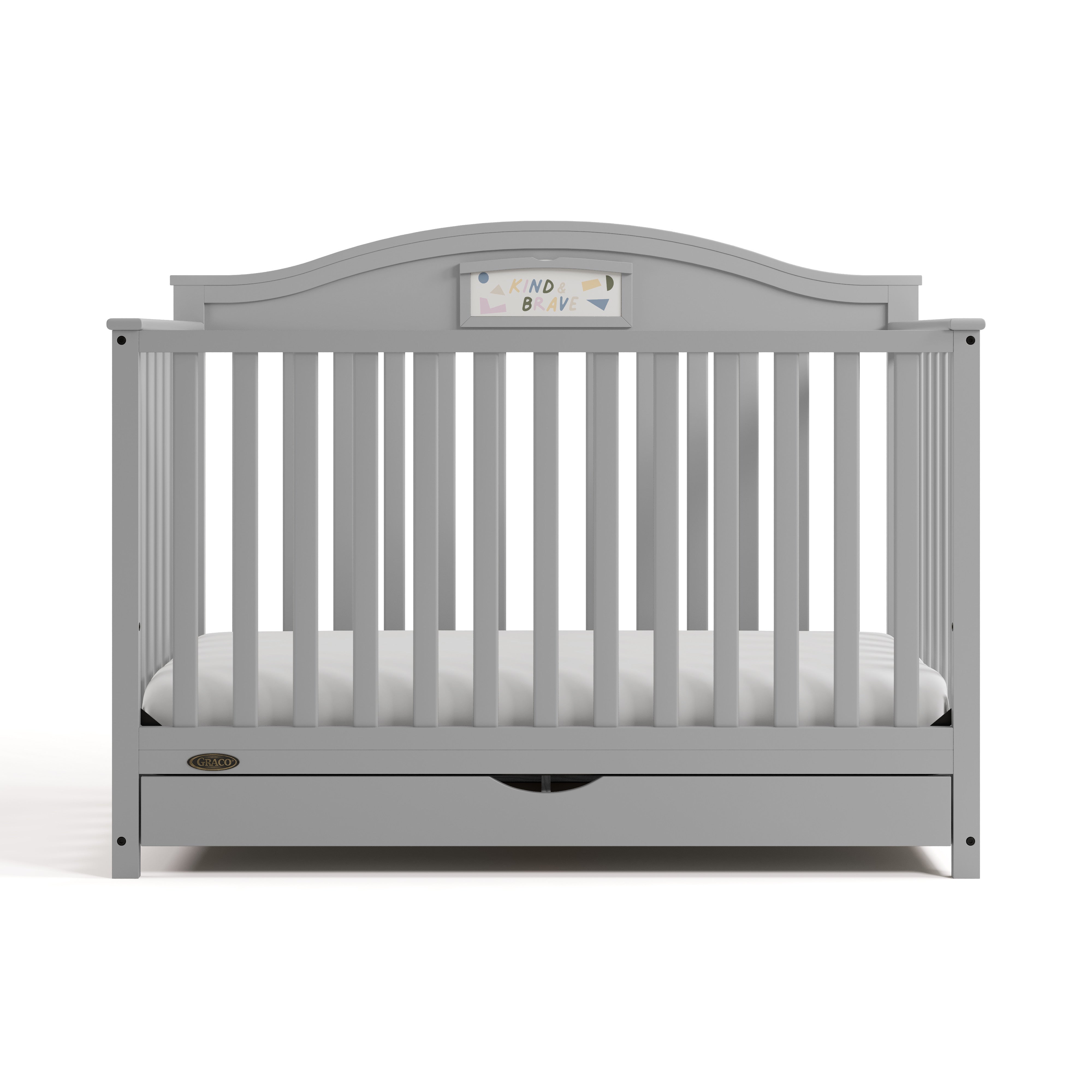 Story pebble gray crib with drawer front view