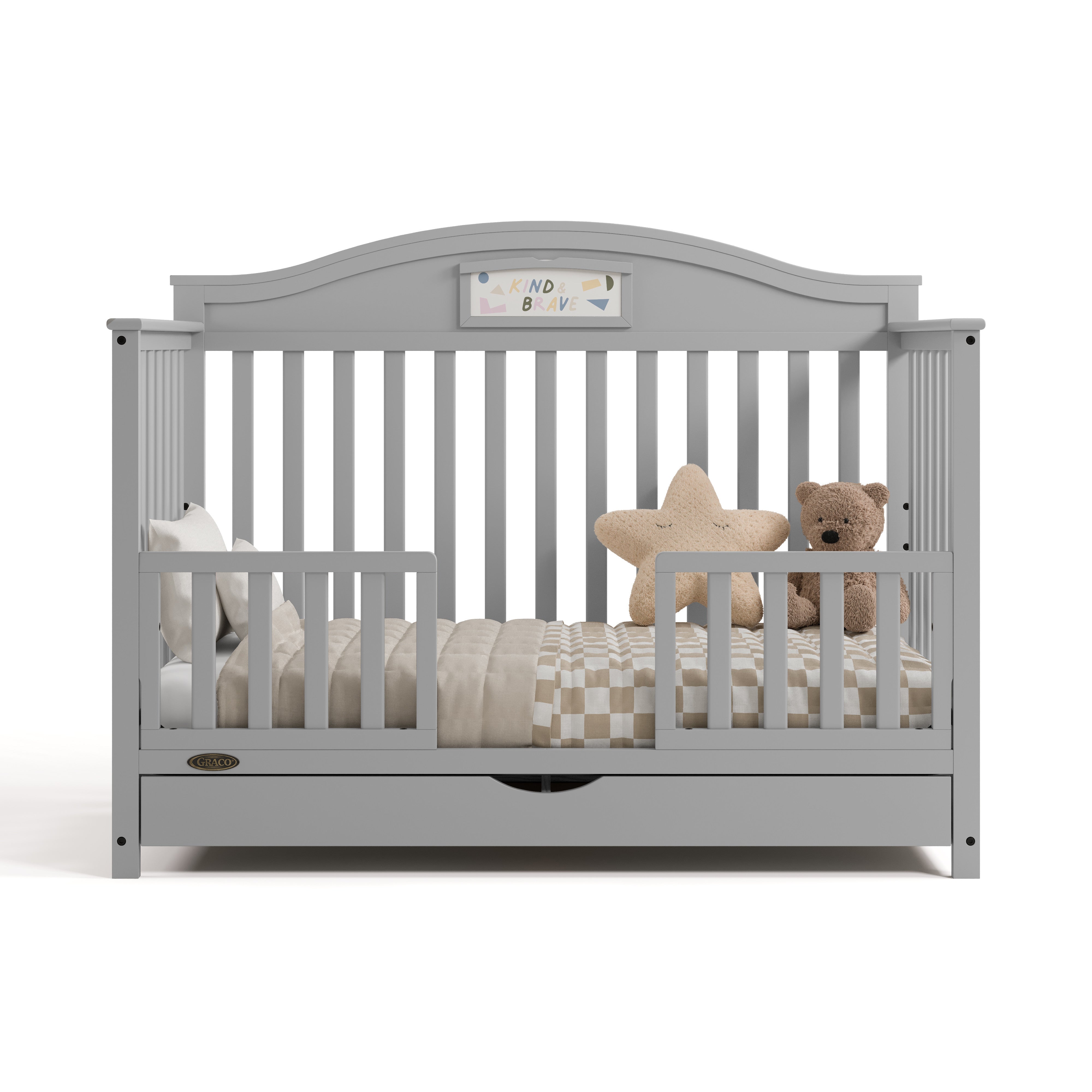 Story pebble gray crib with drawer converted to toddler bed with two guardrails