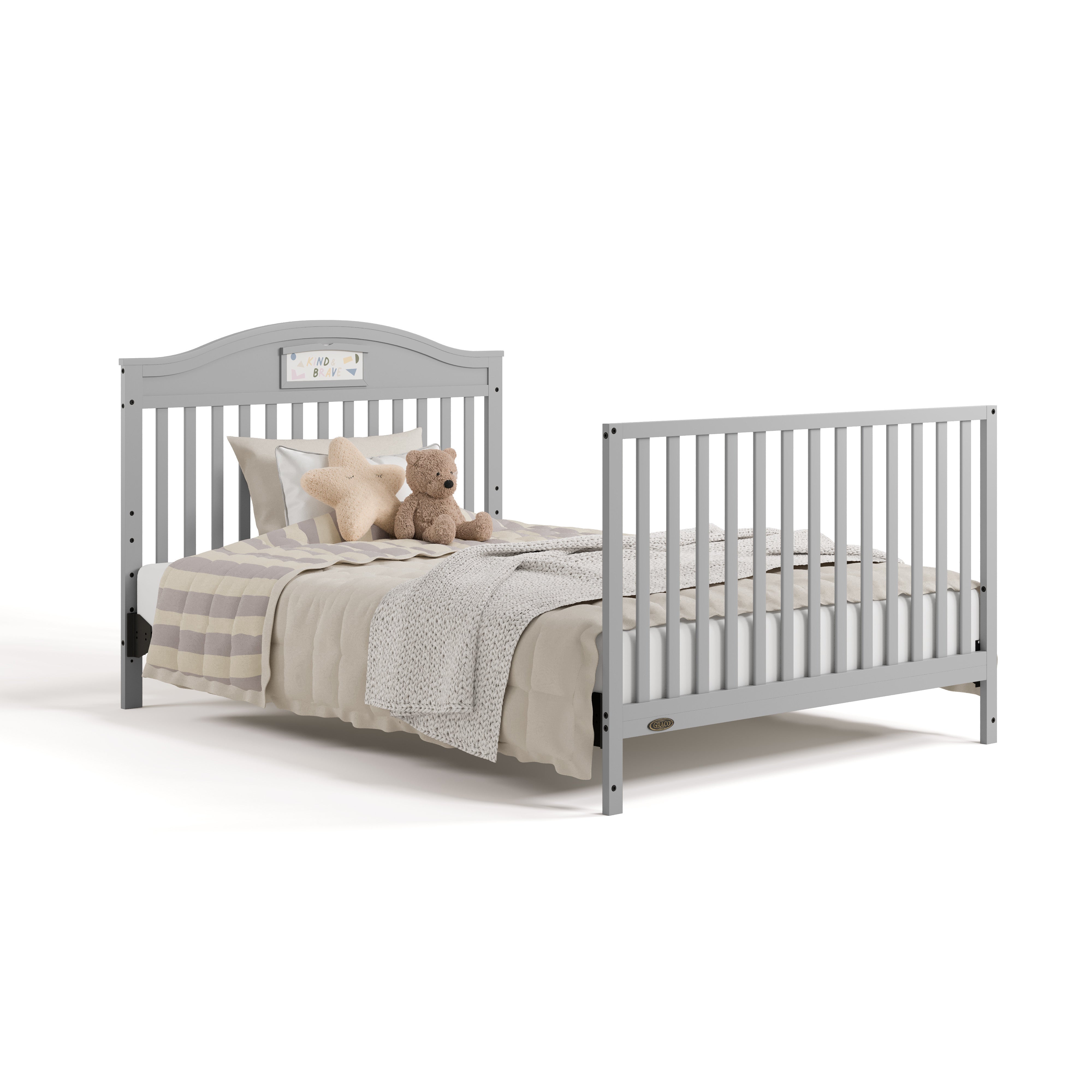Story pebble gray crib with drawer converted to full size bed with footboard