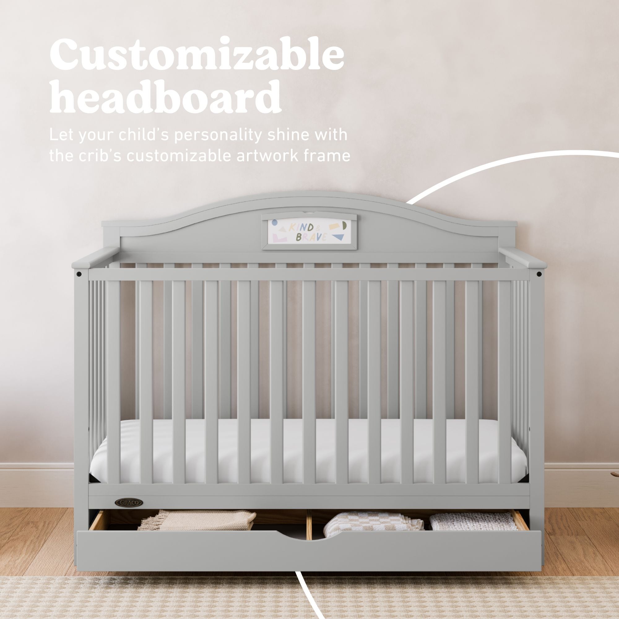 Story pebble gray crib with drawer customizable headboard callout