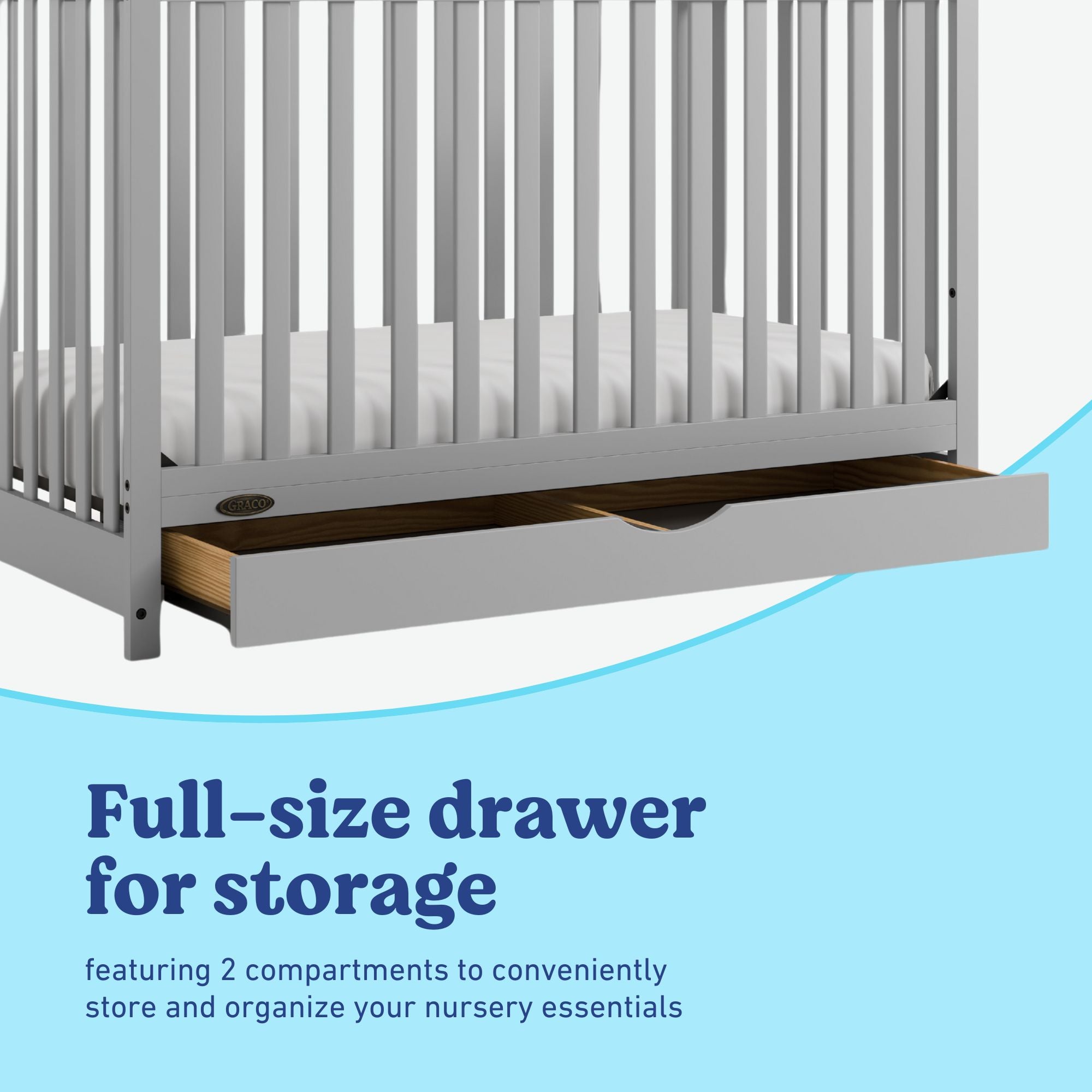 Story pebble gray crib with drawer storage callout