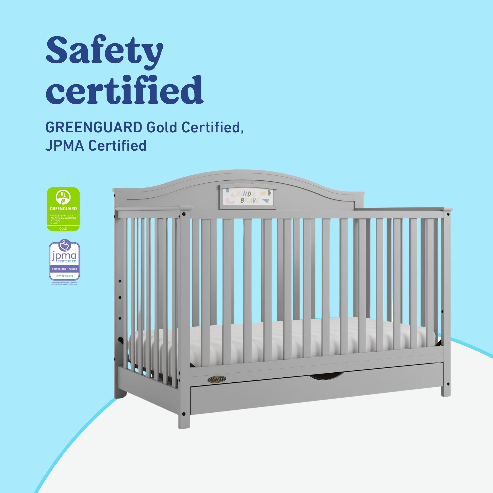 Story pebble gray crib with drawer certifications callout