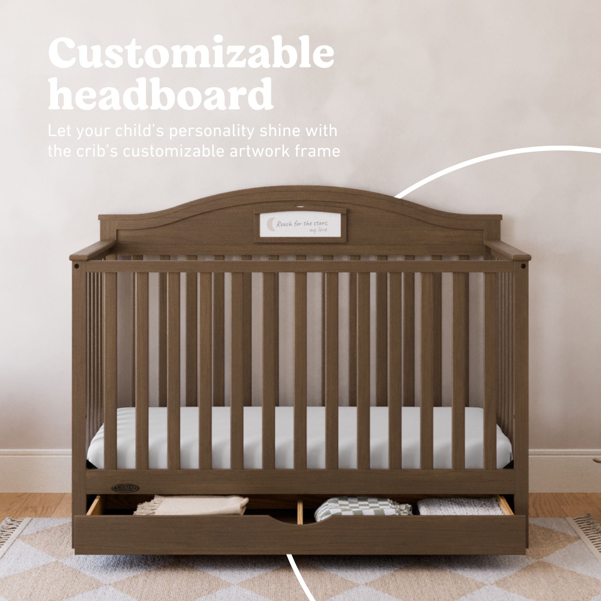 Story hazelnut crib with drawer customizable headboard callout
