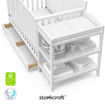 Steveston white crib and changer with GGG and PTPA logos on bottom left