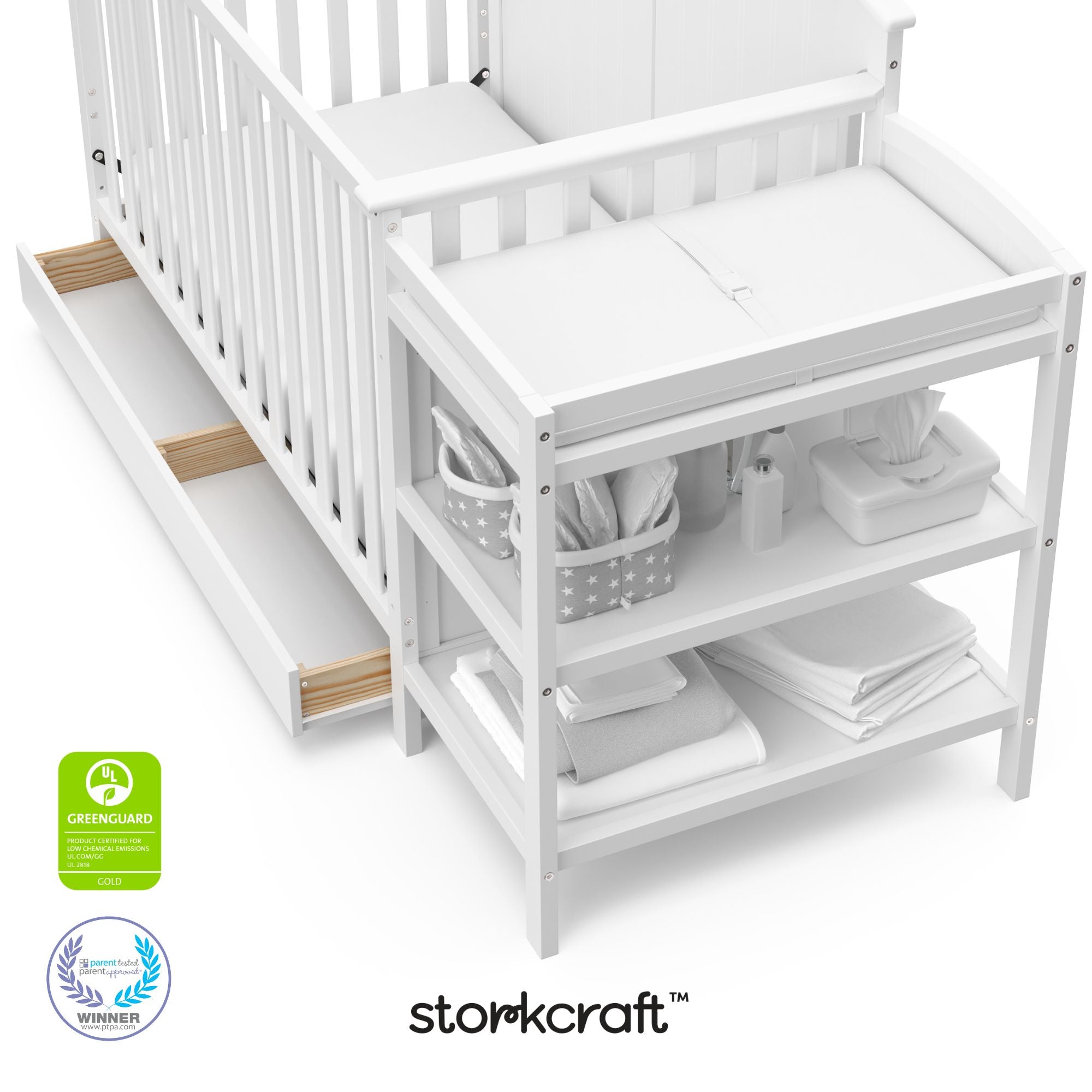 Steveston white crib and changer with GGG and PTPA logos on bottom left