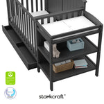 Steveston gray crib and changer with GGG and PTPA logos on bottom left