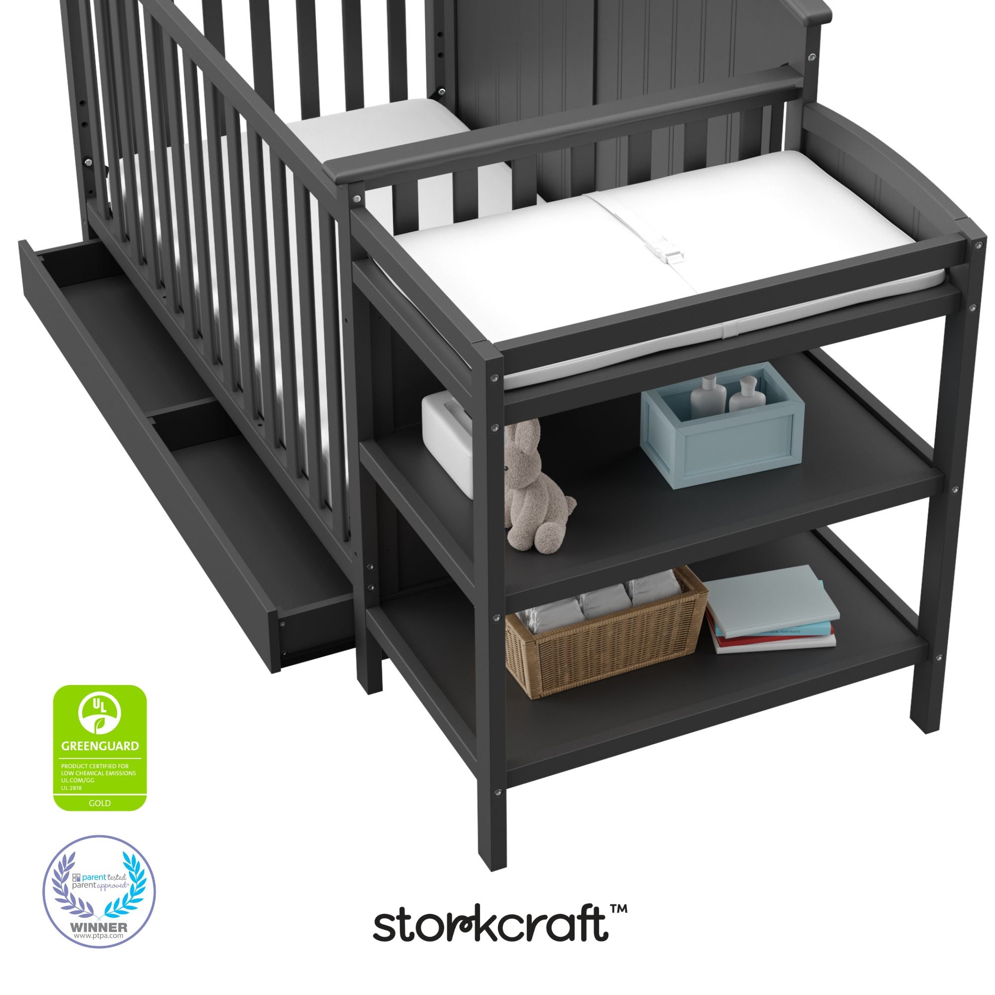 Steveston gray crib and changer with GGG and PTPA logos on bottom left