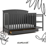Steveston gray crib and changer with black doodles overlaid on image