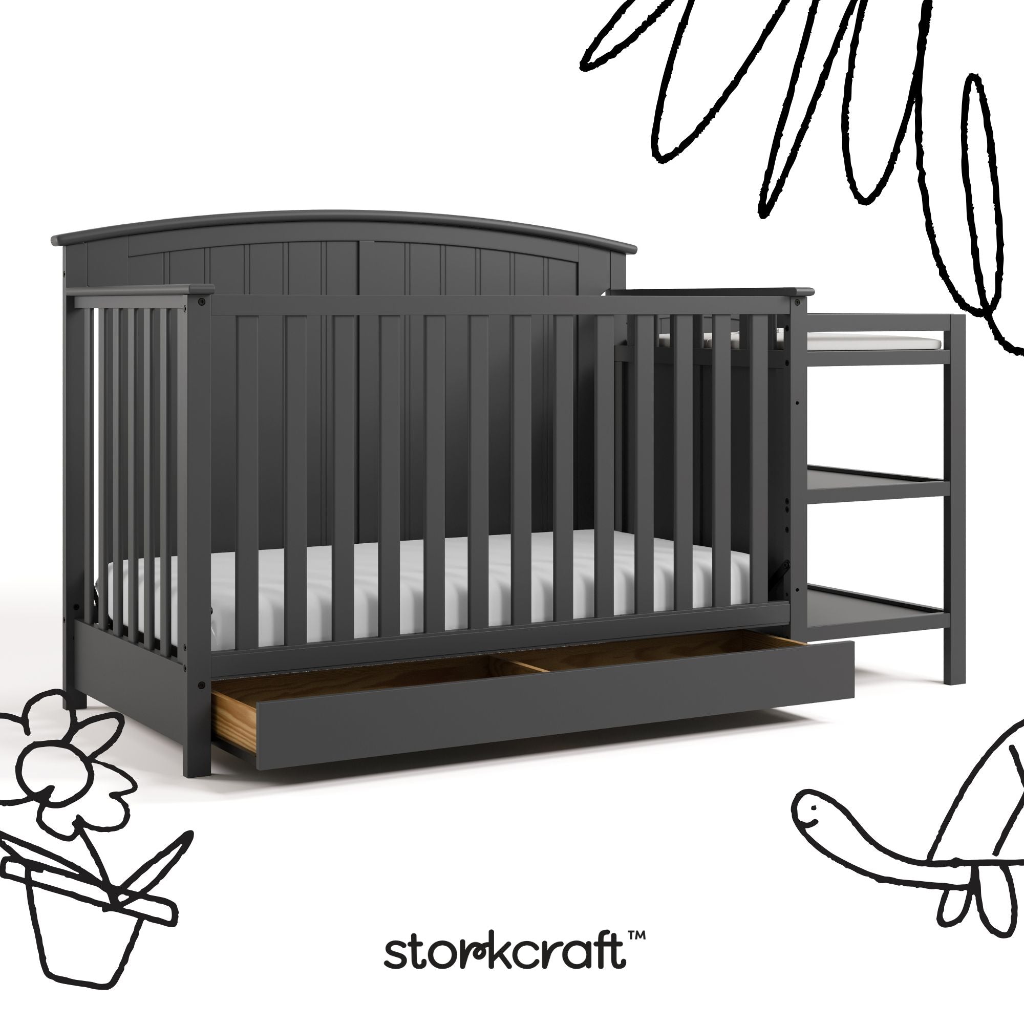 Steveston gray crib and changer with black doodles overlaid on image