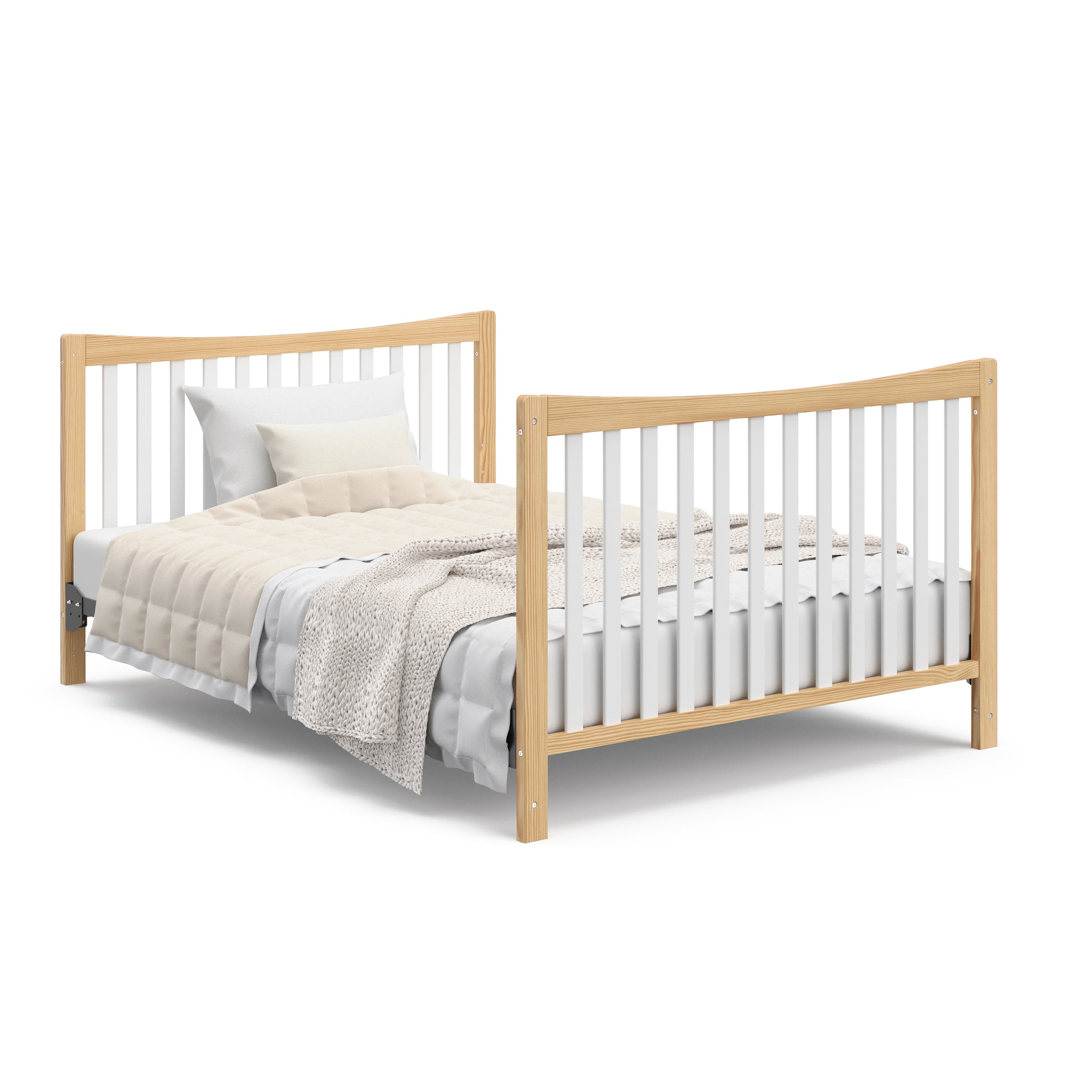 white with natural crib with drawer and changer in full-size bed conversion with headboard and footboard