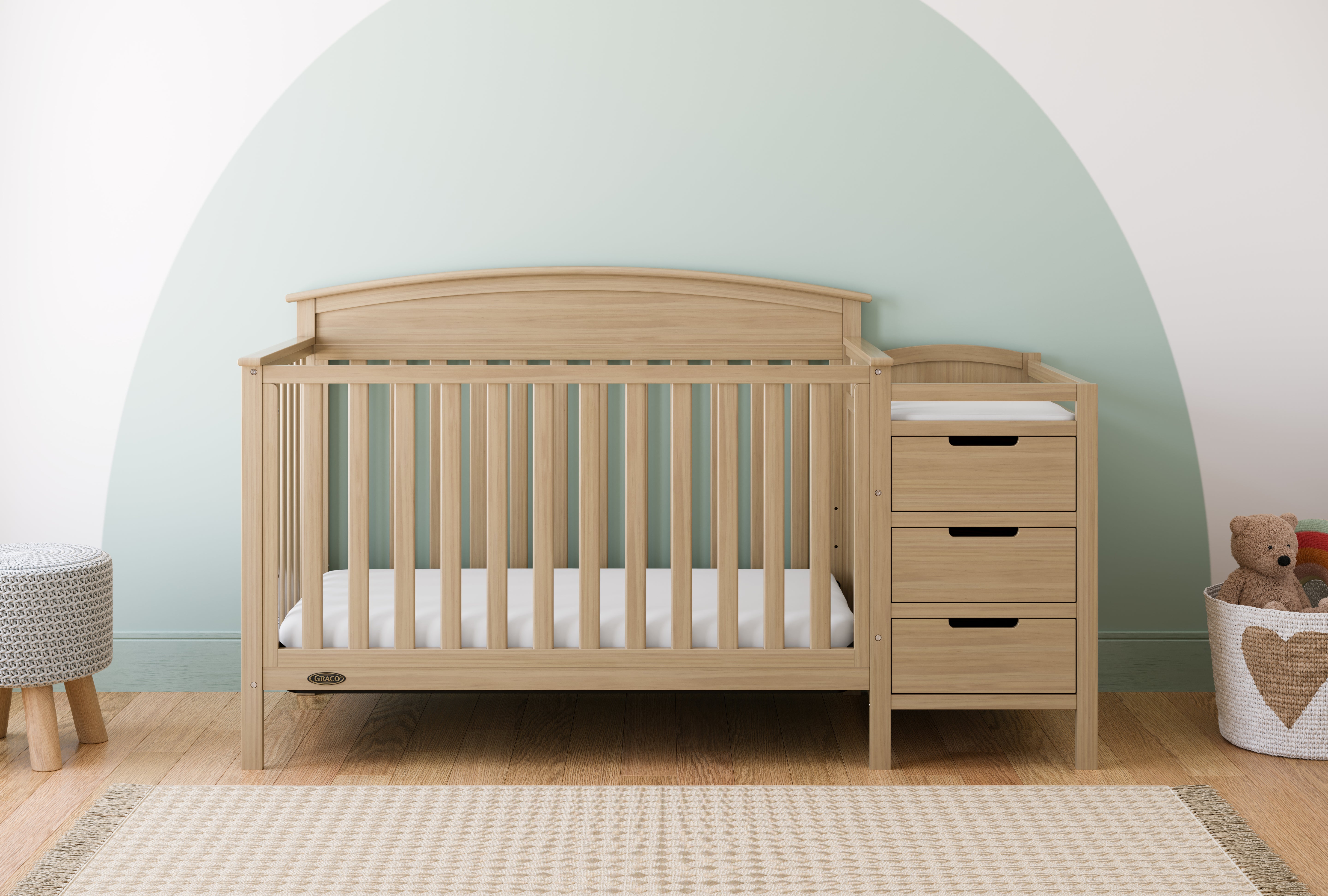 Benton driftwood crib and changer in a nursery
