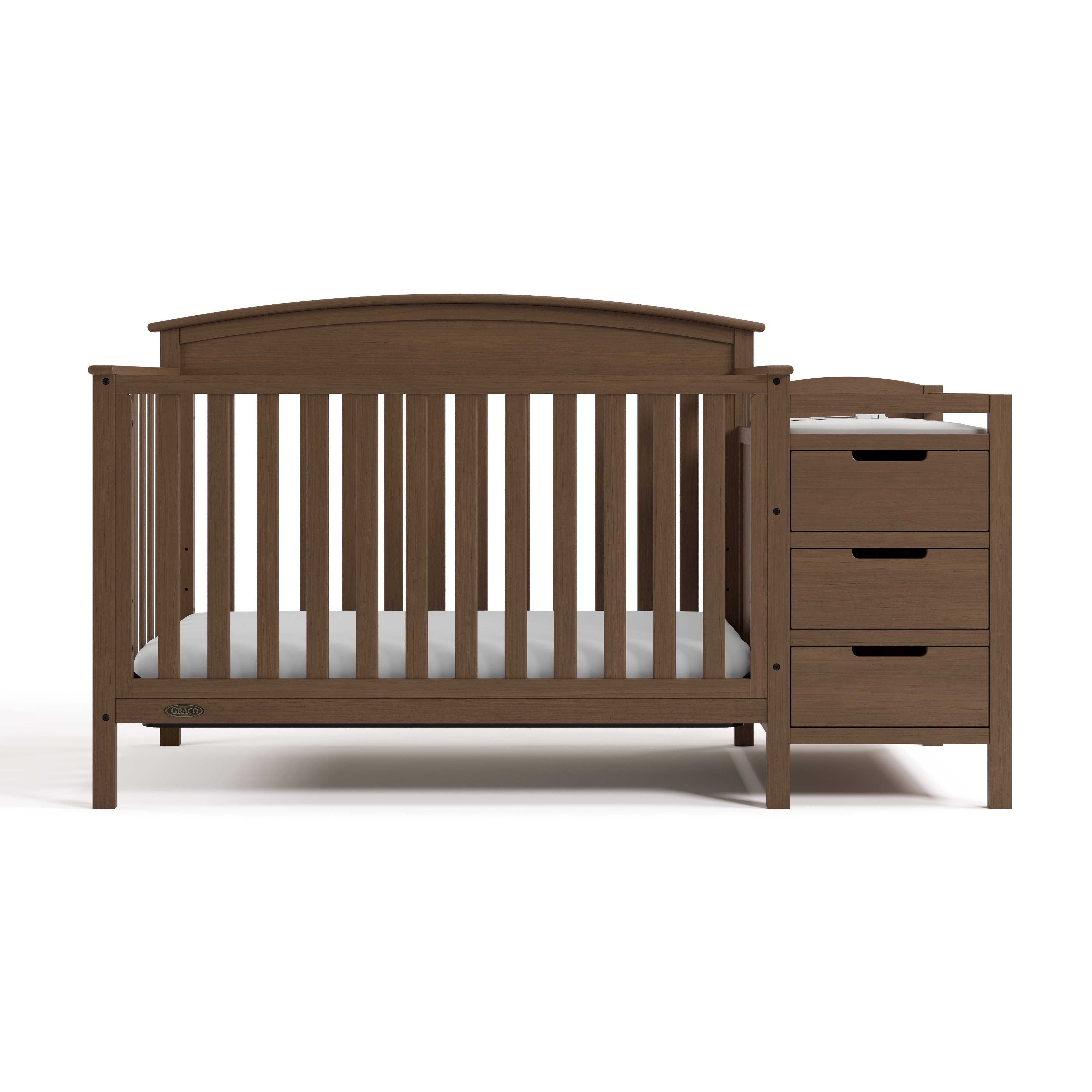 Benton hazelnut crib and changer front view