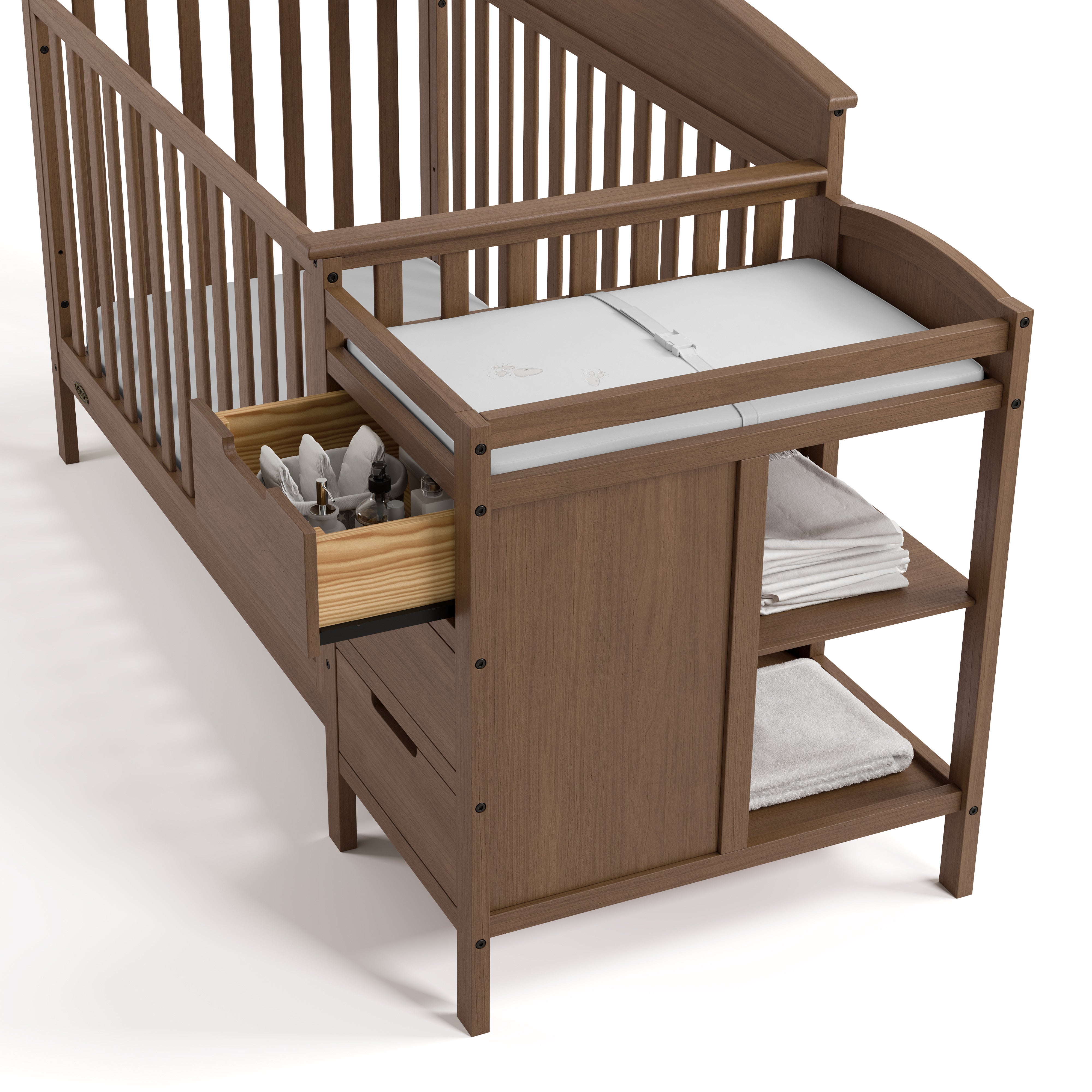 Benton hazelnut crib and changer close up view of changing table