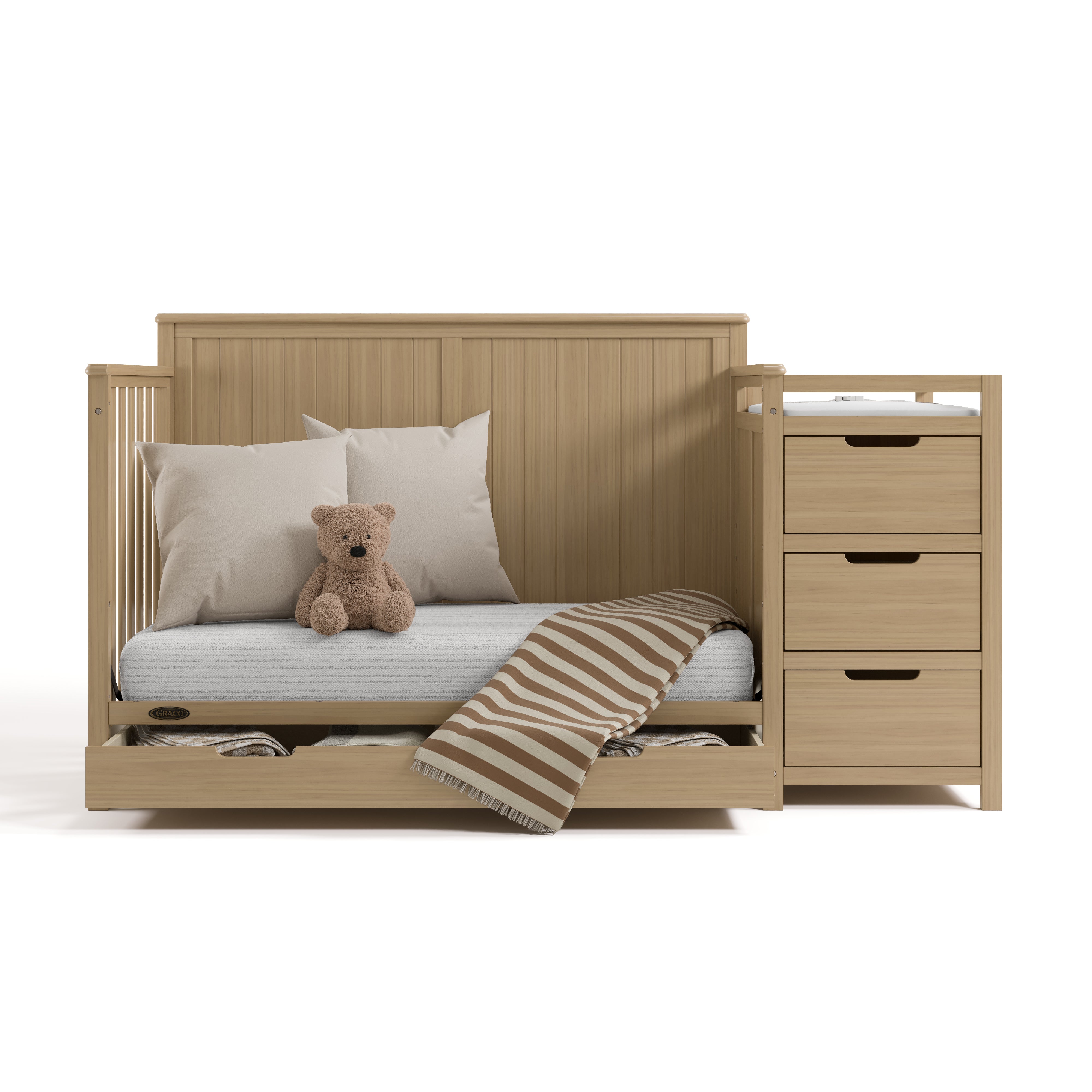 Hadley driftwood crib and changer converted to daybed