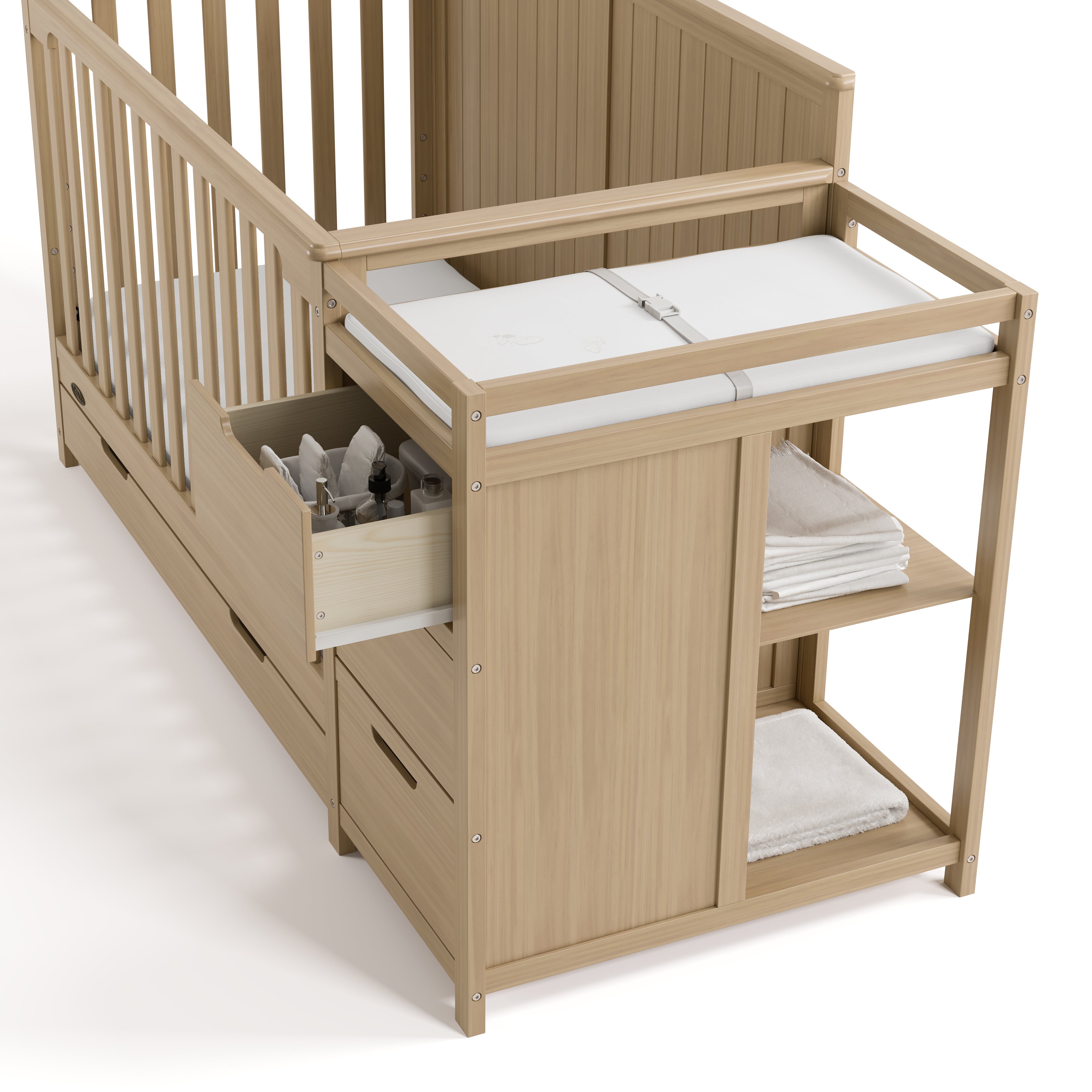 Hadley driftwood crib and changer close up of attached changing table