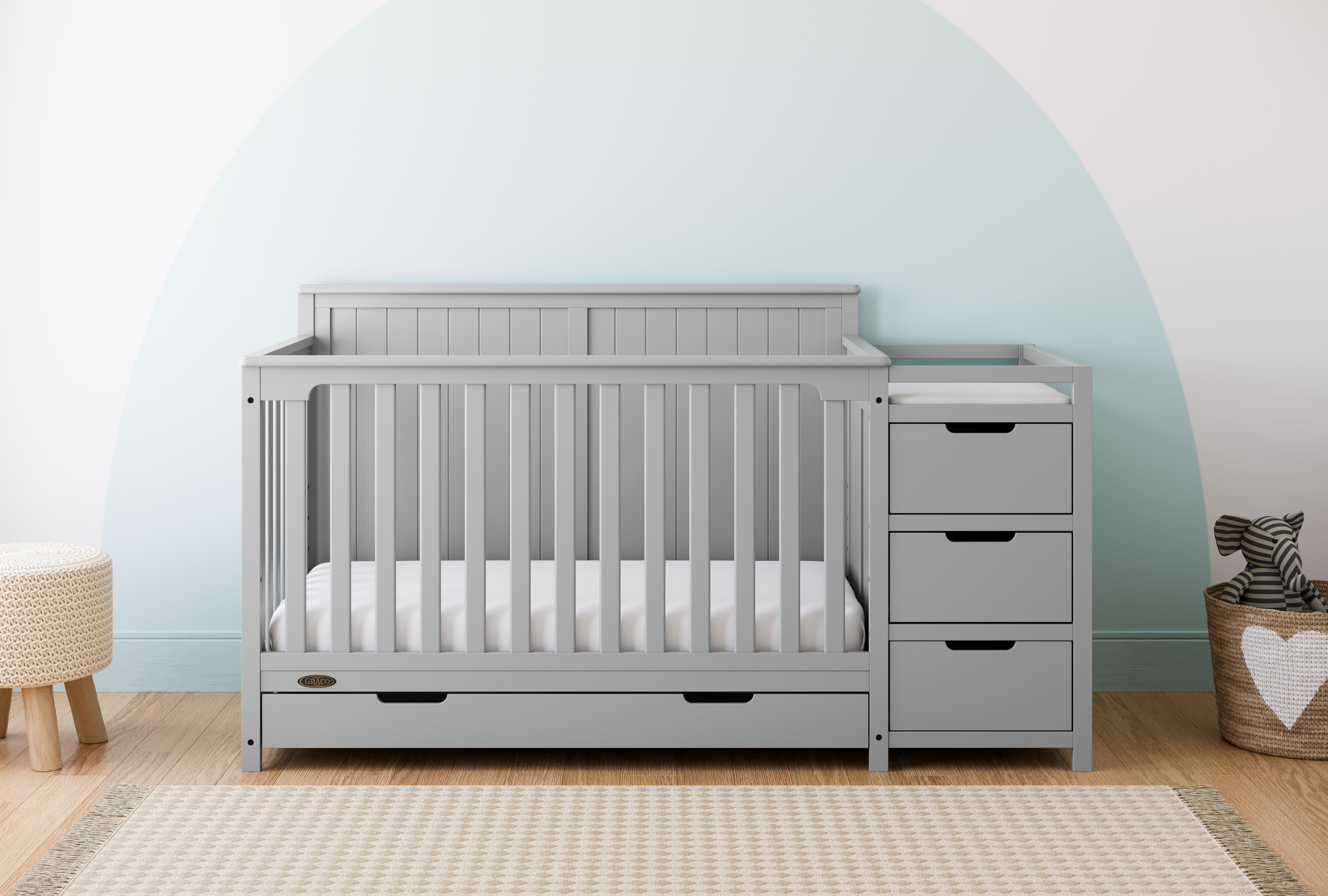 Graco Hadley 5-in-1 Convertible Crib and Changer with Drawer in Pebble Gray lifestyle view