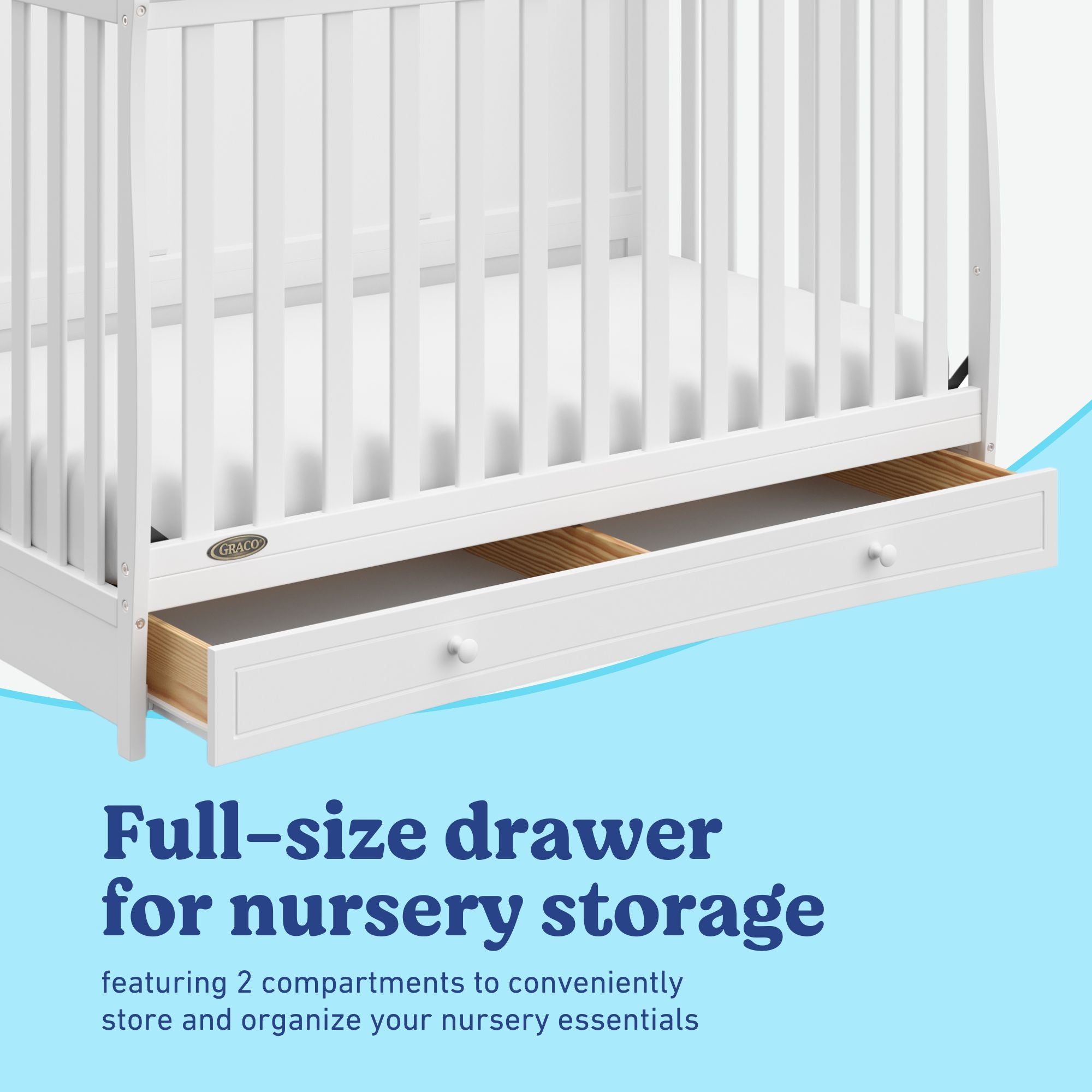 Asheville white crib full-size drawer callout