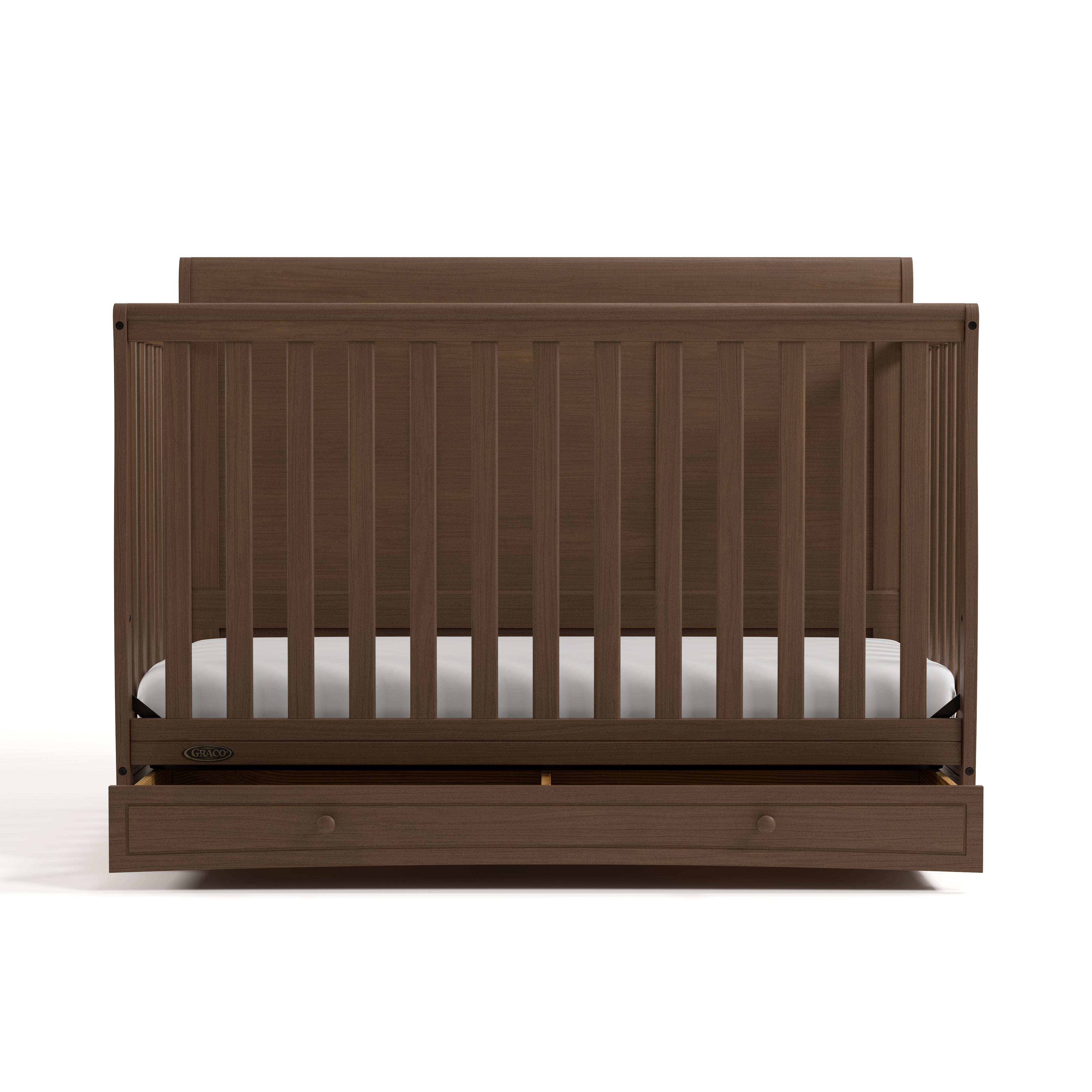 Asheville hazelnut crib with drawer front view