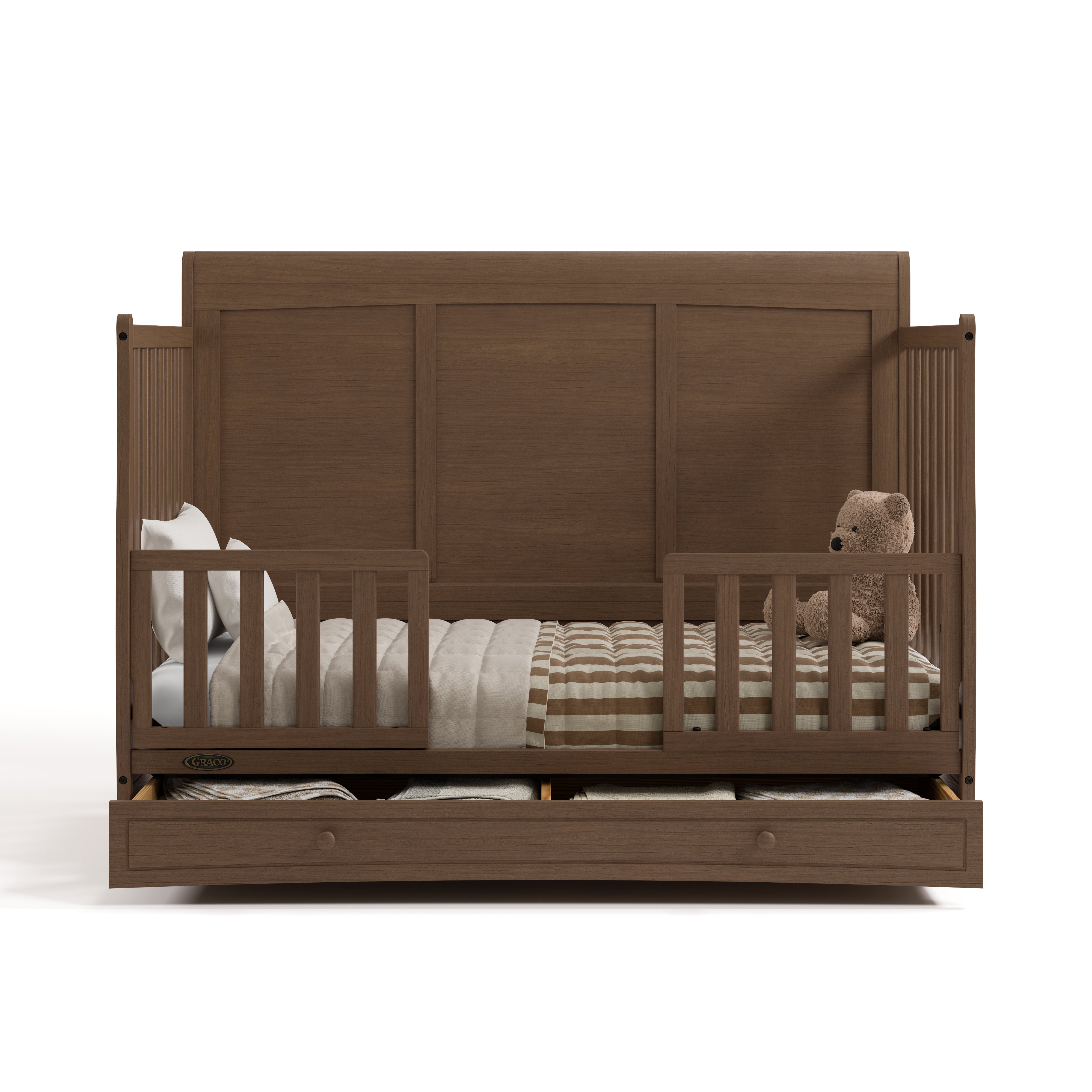 Asheville hazelnut crib with drawer converted to toddler bed