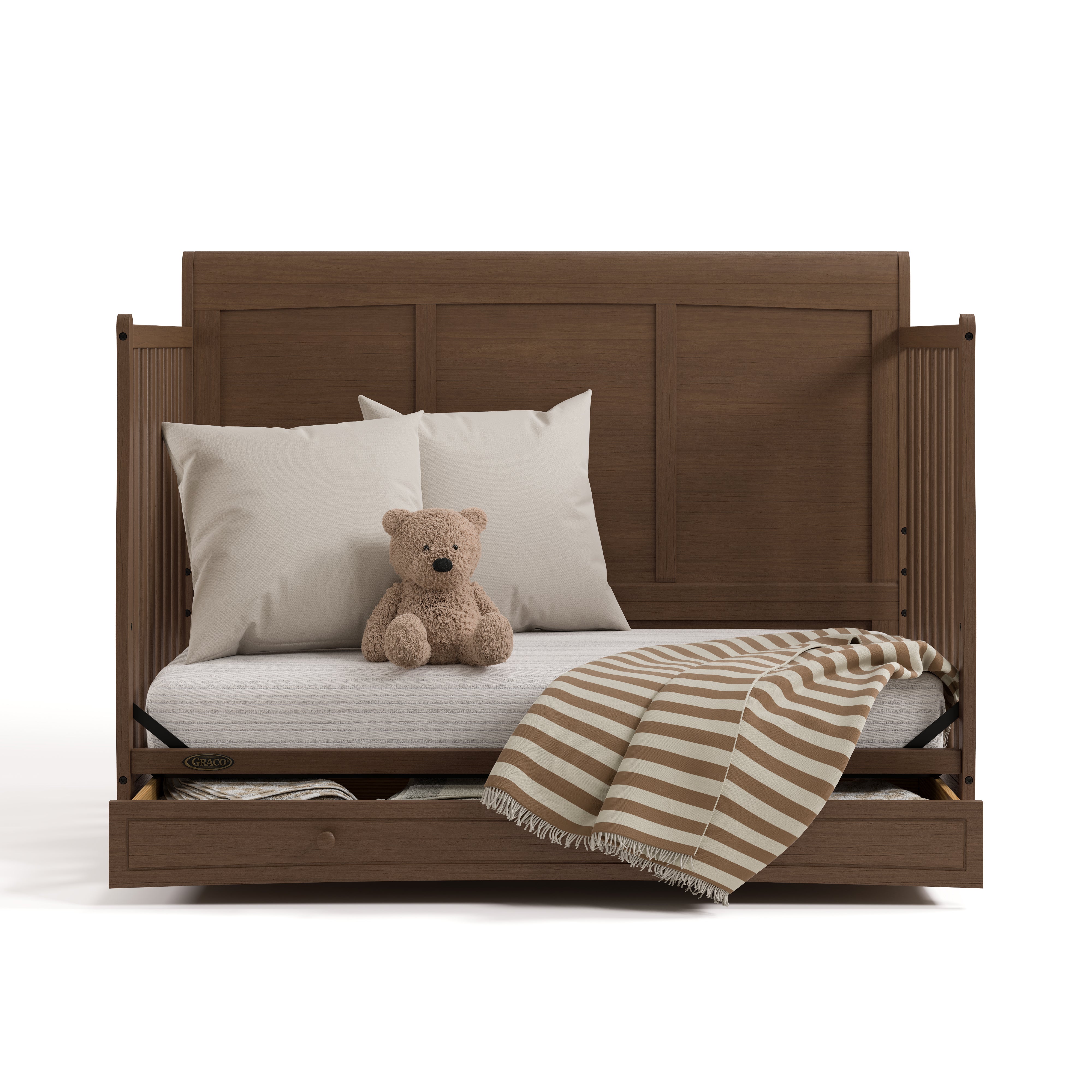 Asheville hazelnut crib with drawer converted to daybed