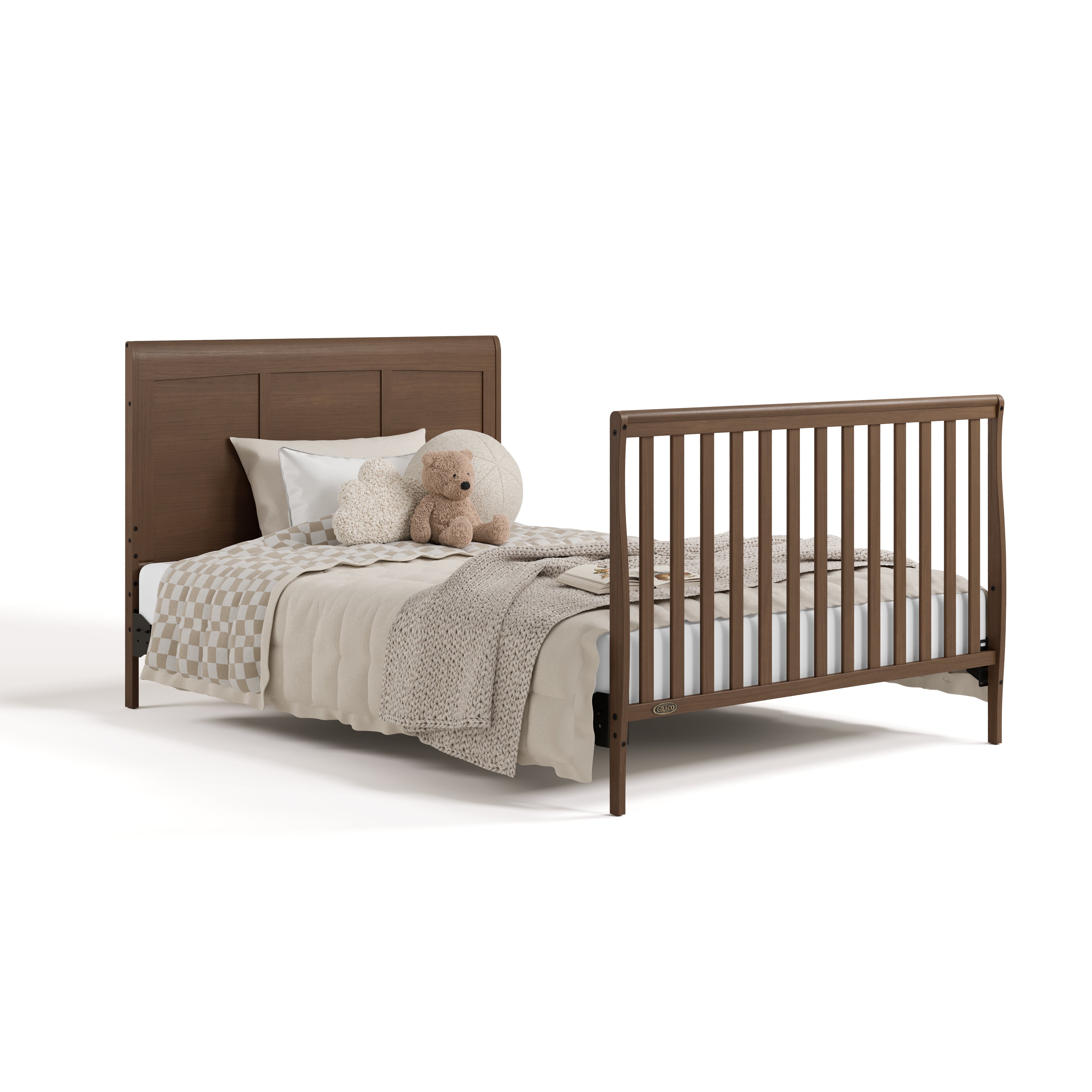 Asheville hazelnut crib with drawer converted to full-size bed with footboard