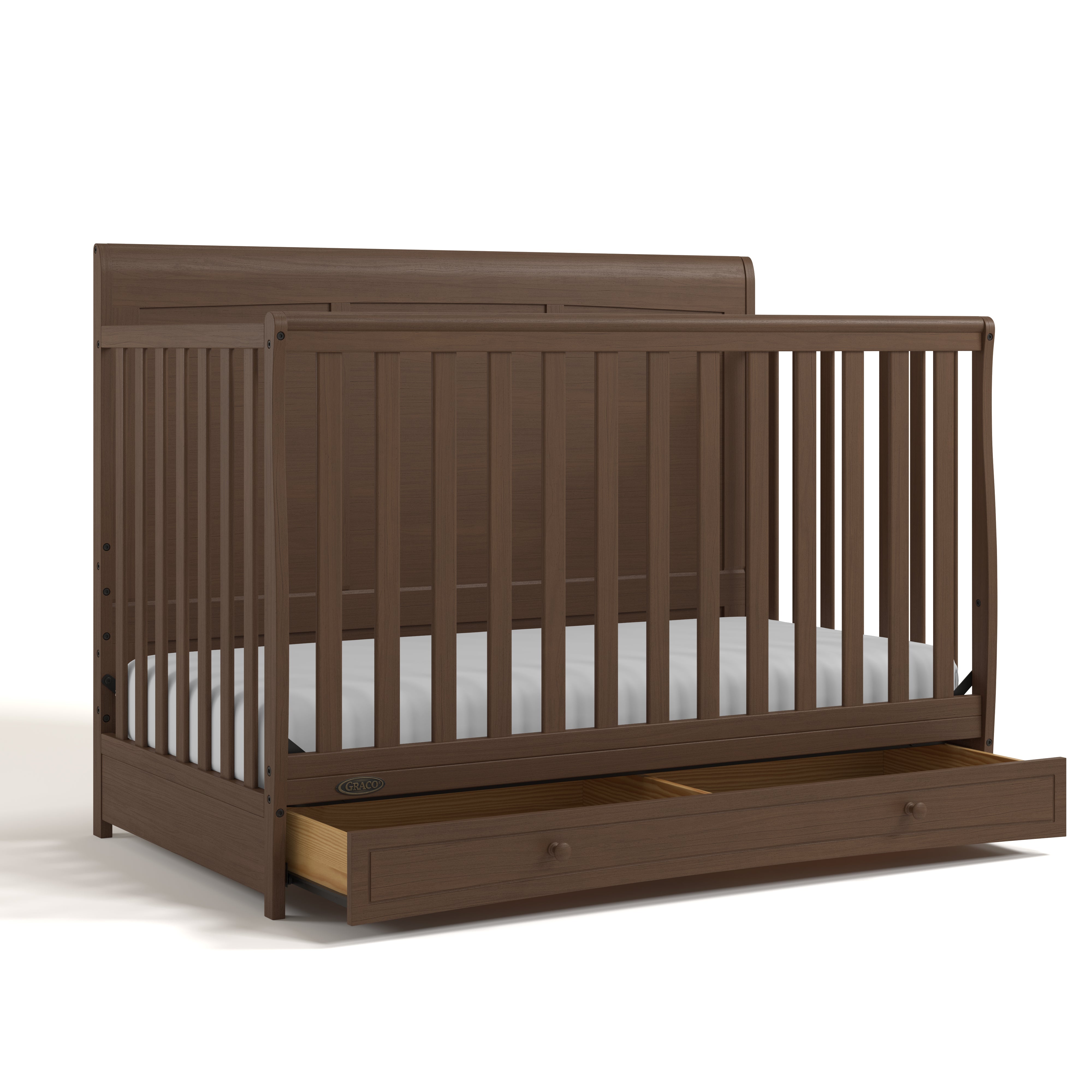 Asheville hazelnut crib with drawer angle view