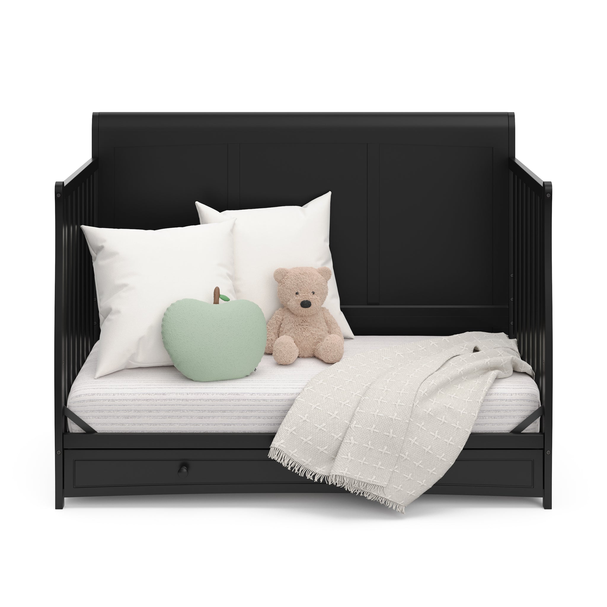 Black crib with drawer in daybed conversion