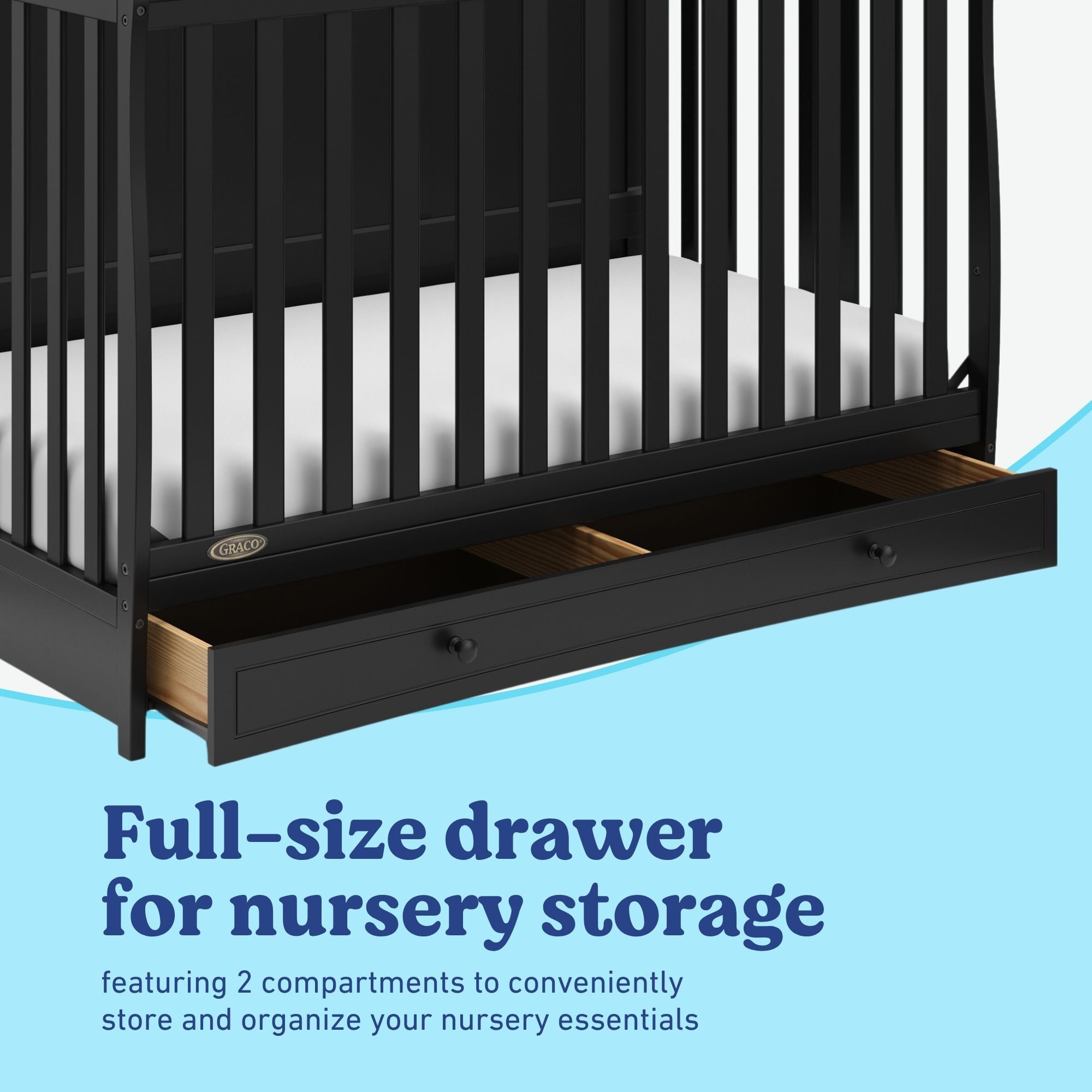 Asheville black crib full-size drawer callout