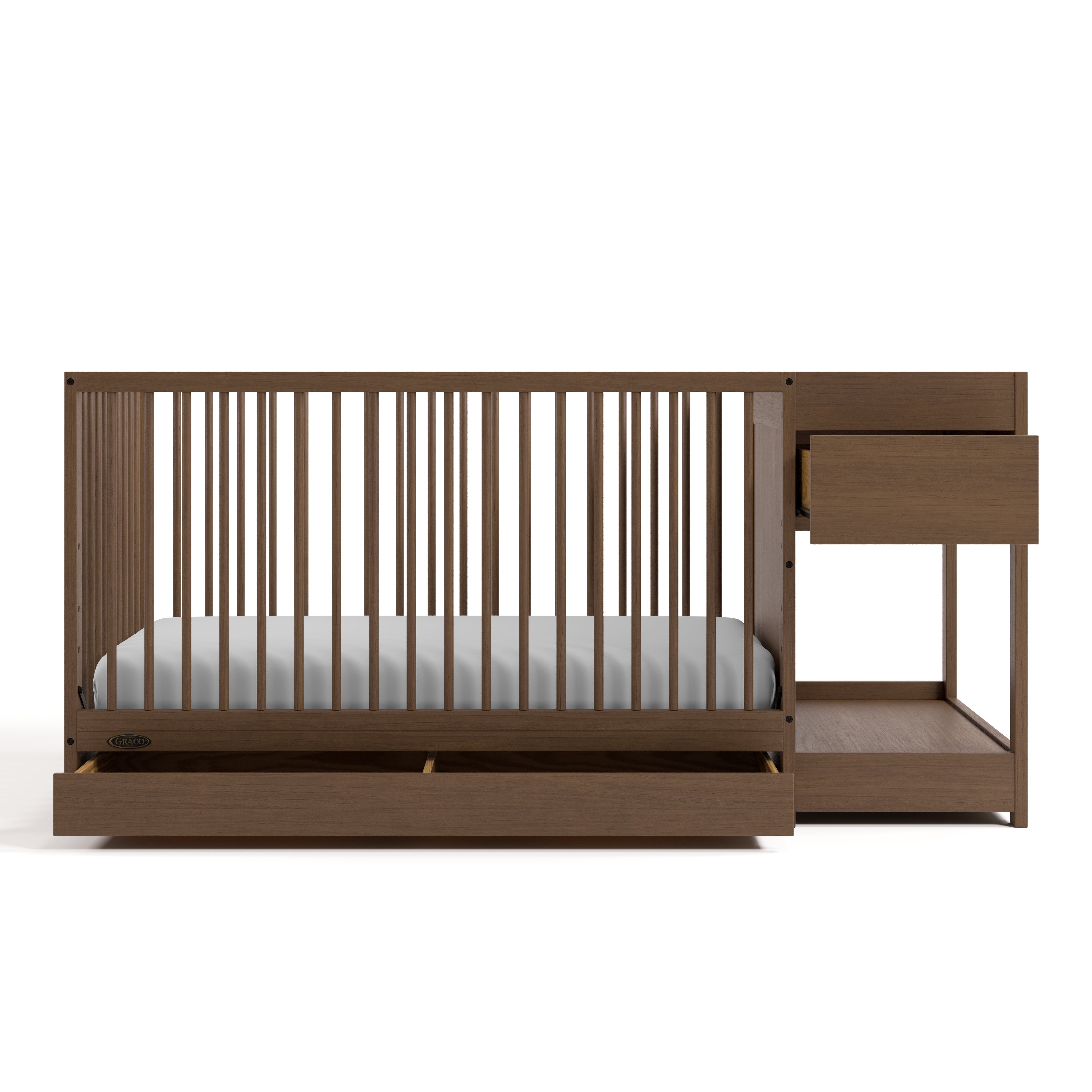 Teddi hazelnut crib and changer front view