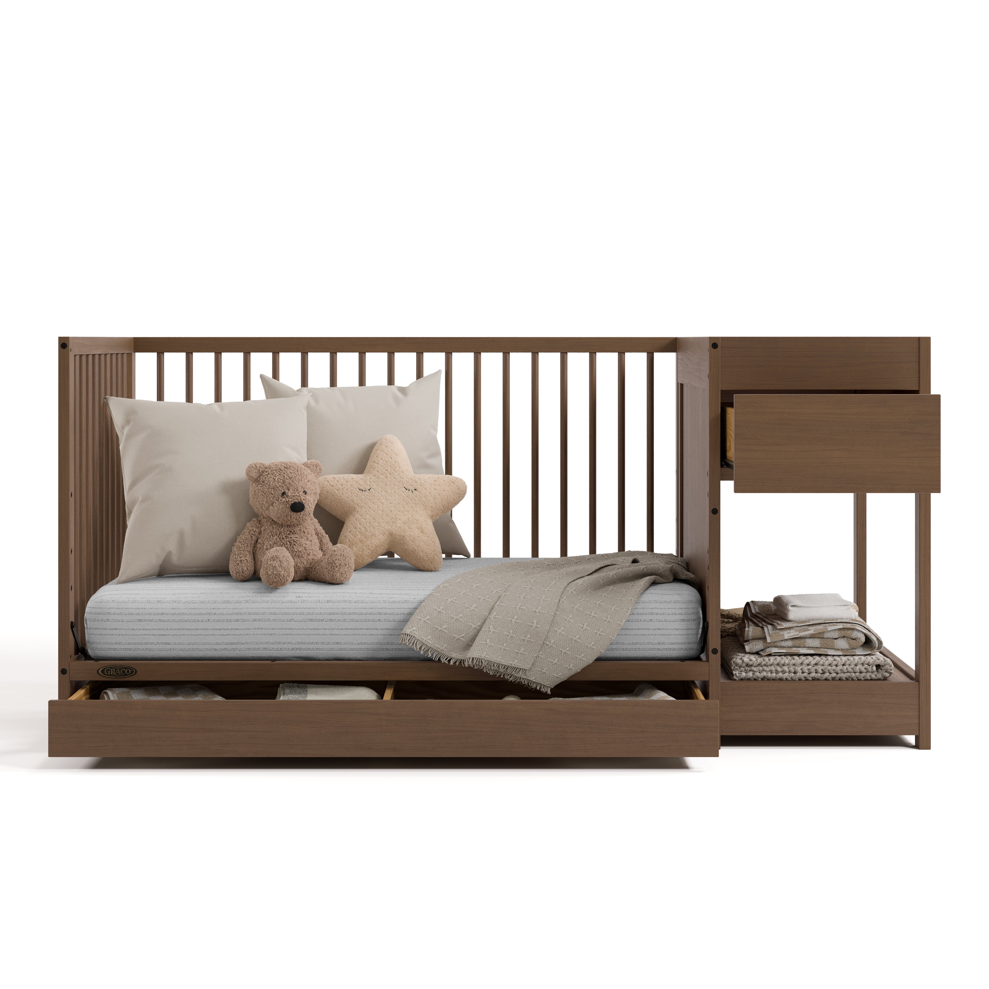 Teddi hazelnut crib and changer converted to daybed