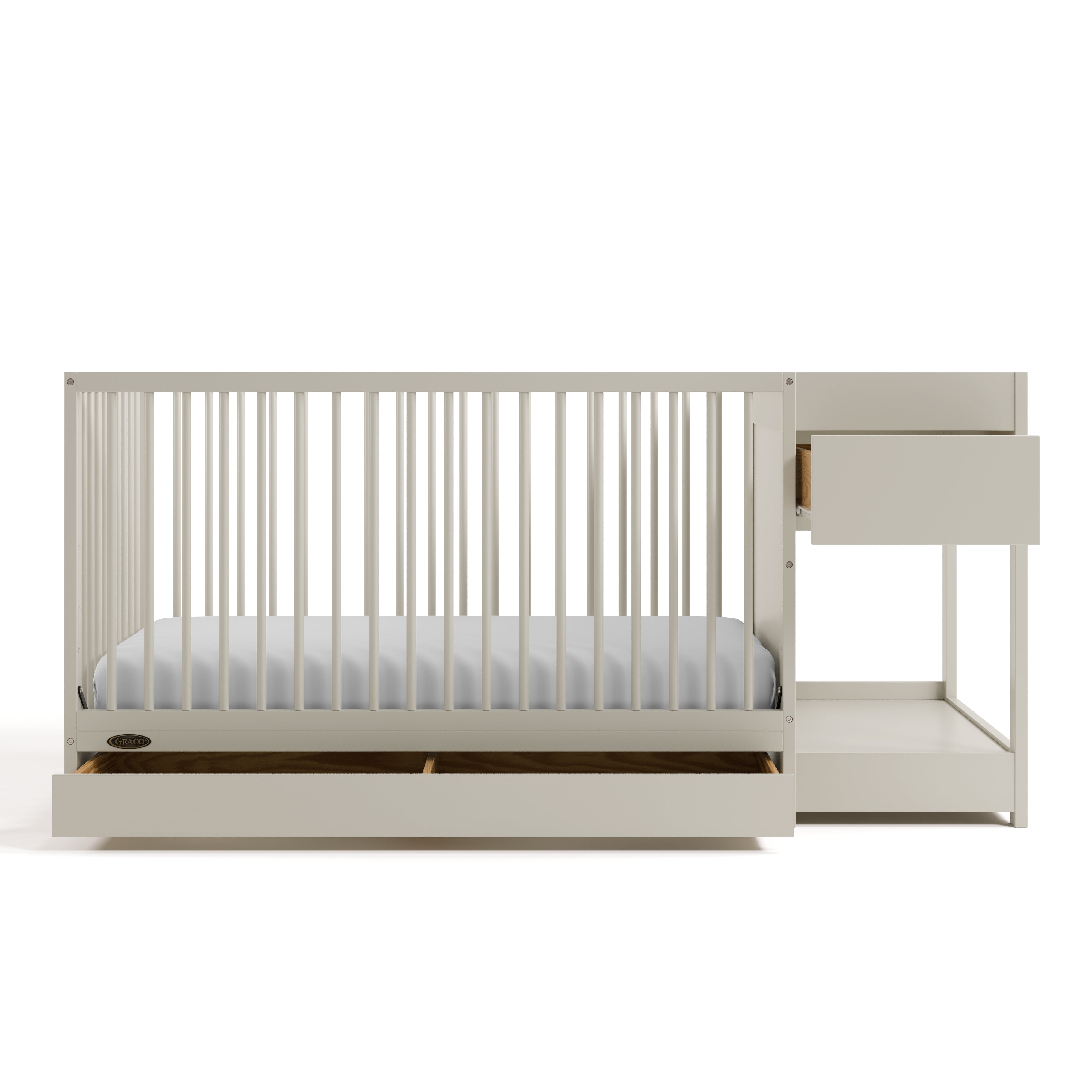 Teddi frosted oat crib and changer front view