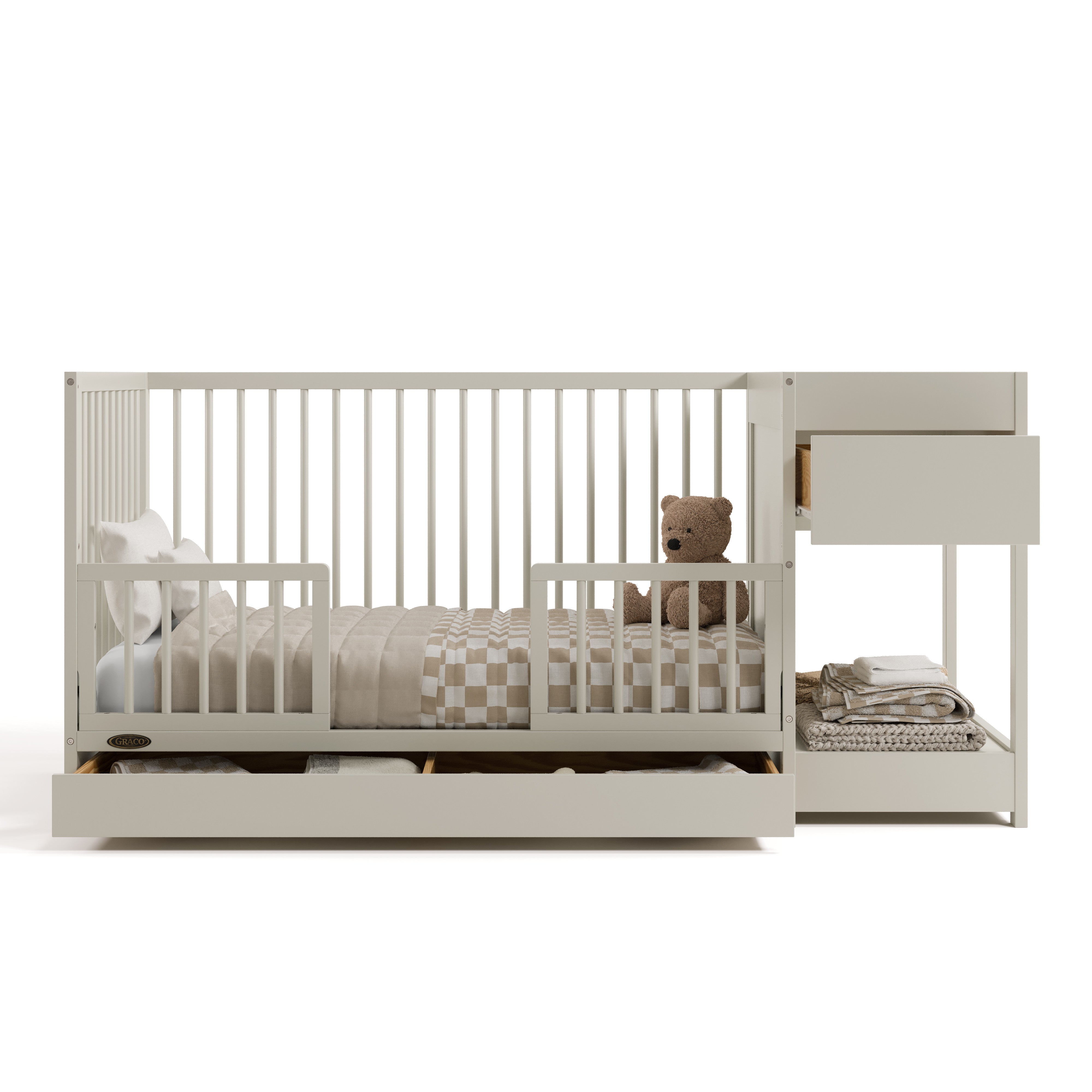 Teddi frosted oat crib and changer converted to toddler bed