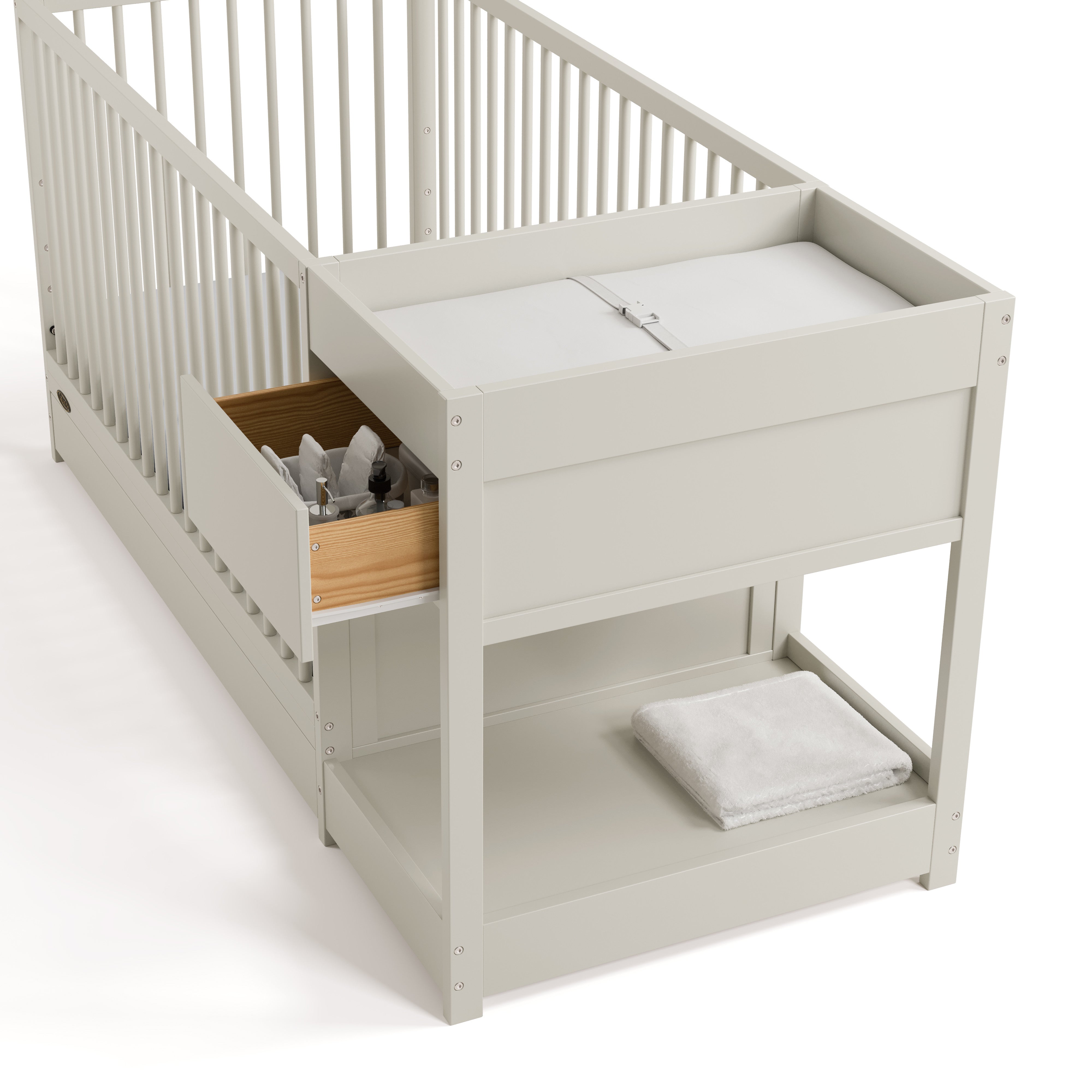 Teddi frosted oat crib and changer top view